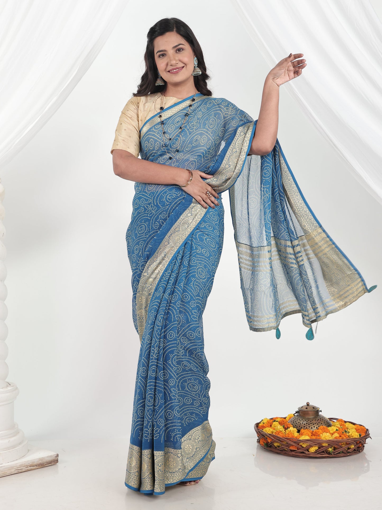 Chiffon Bandhani Blue Saree
