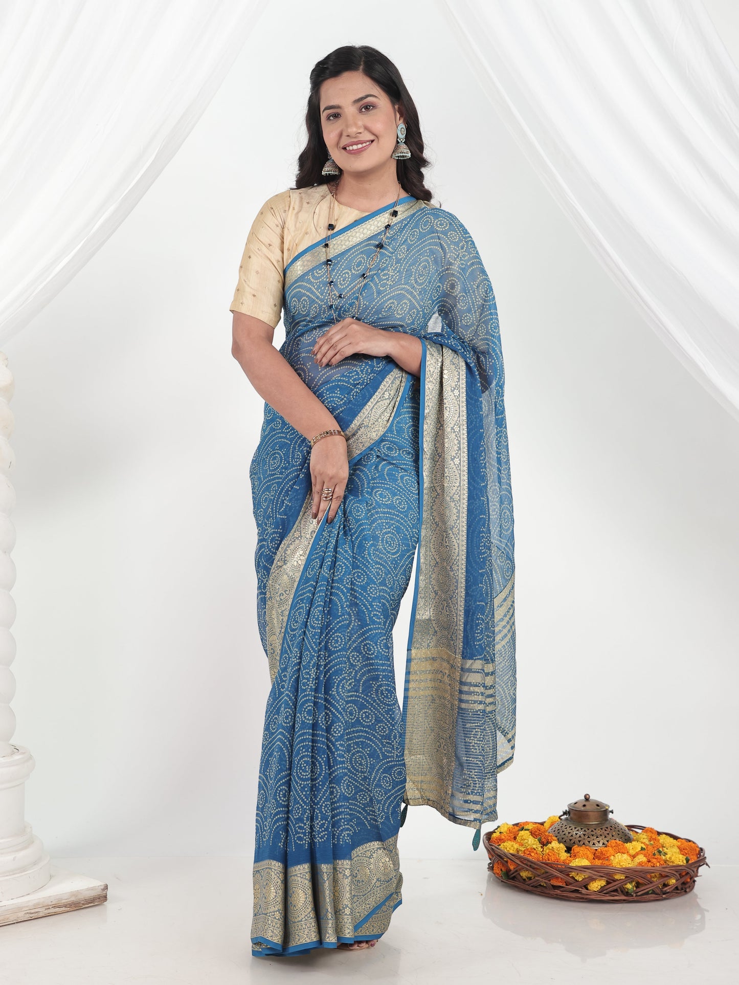 Chiffon Bandhani Blue Saree