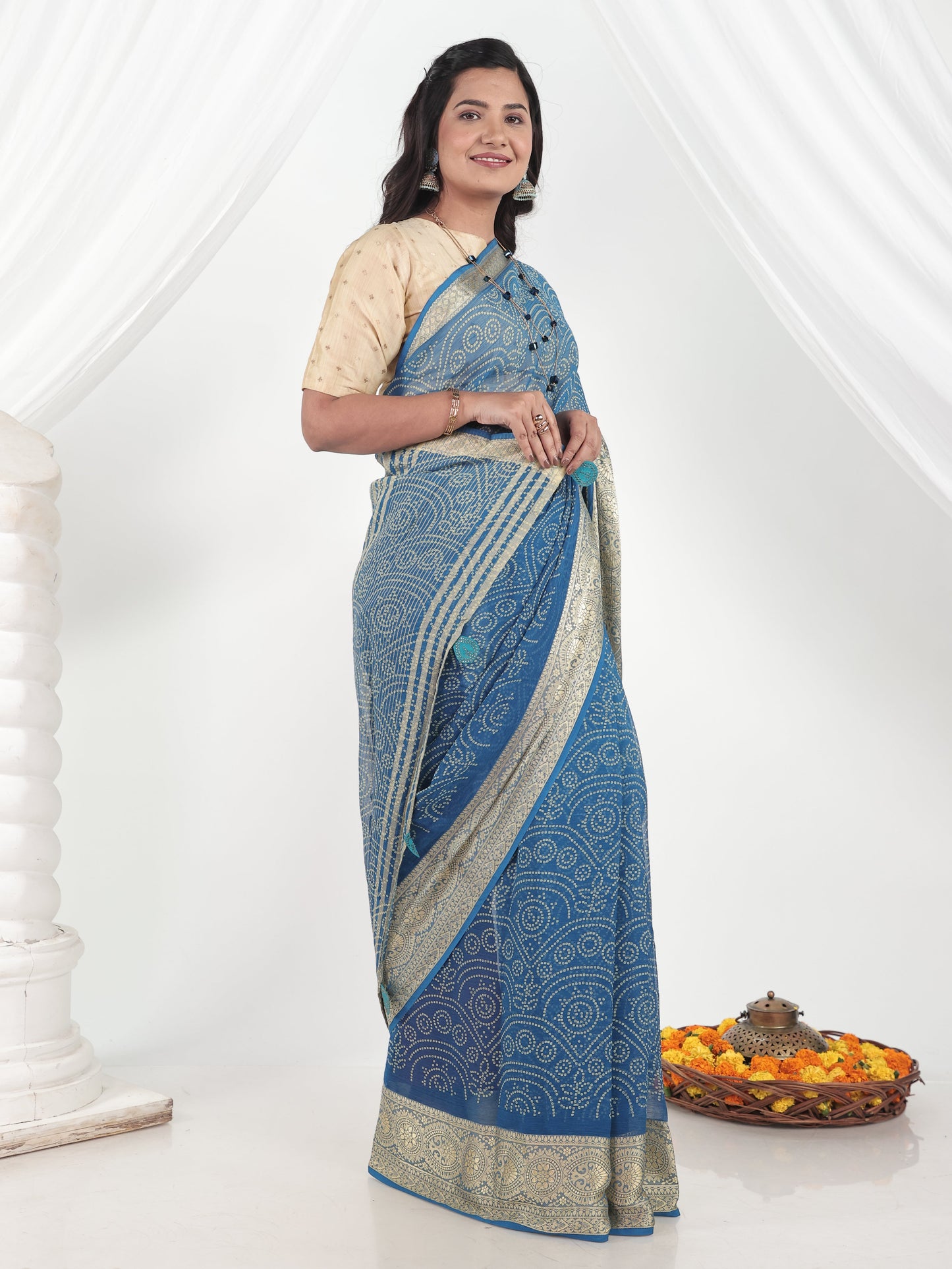 Chiffon Bandhani Blue Saree