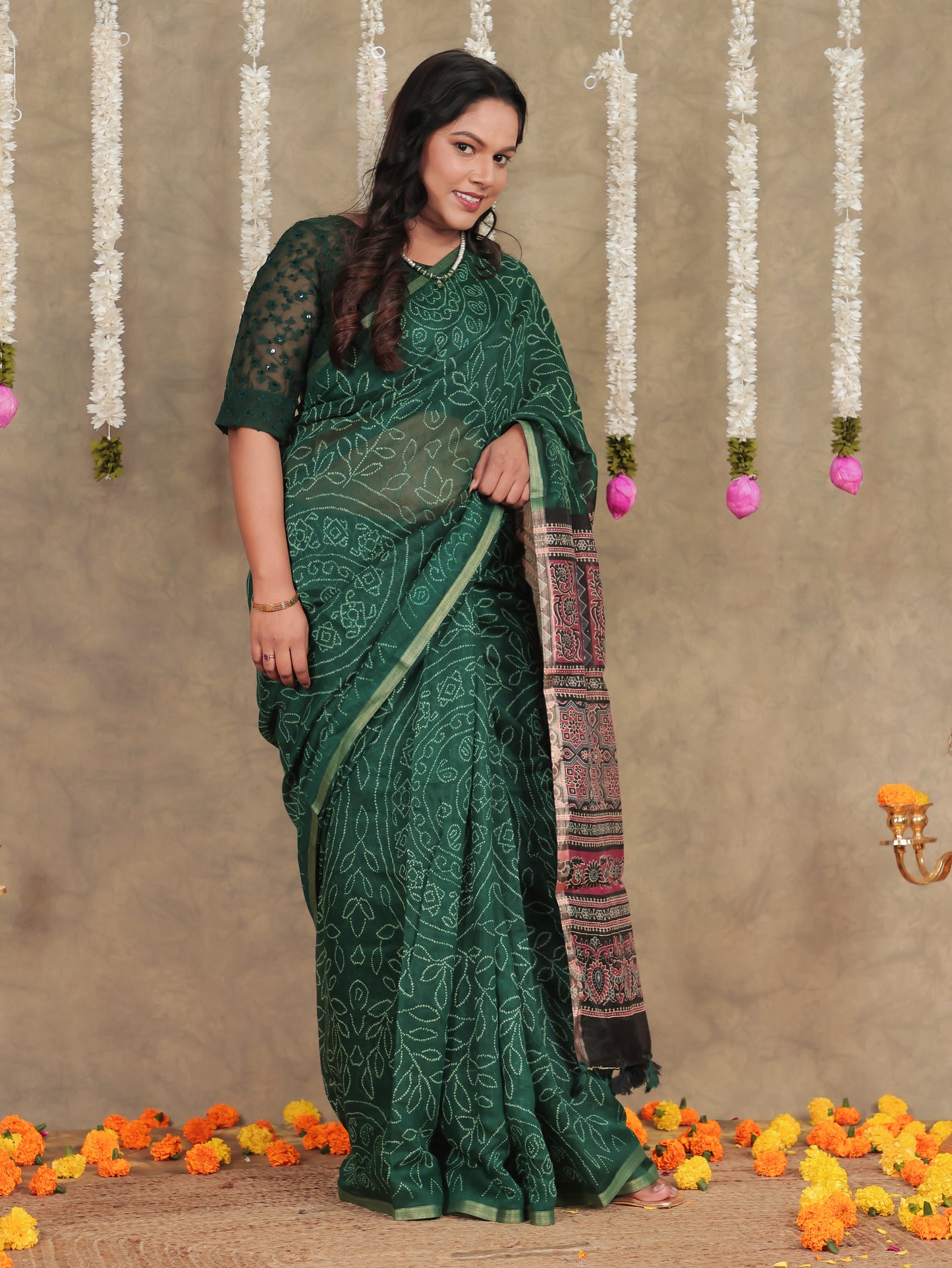 Chanderi Bandhani Emerald Green Saree