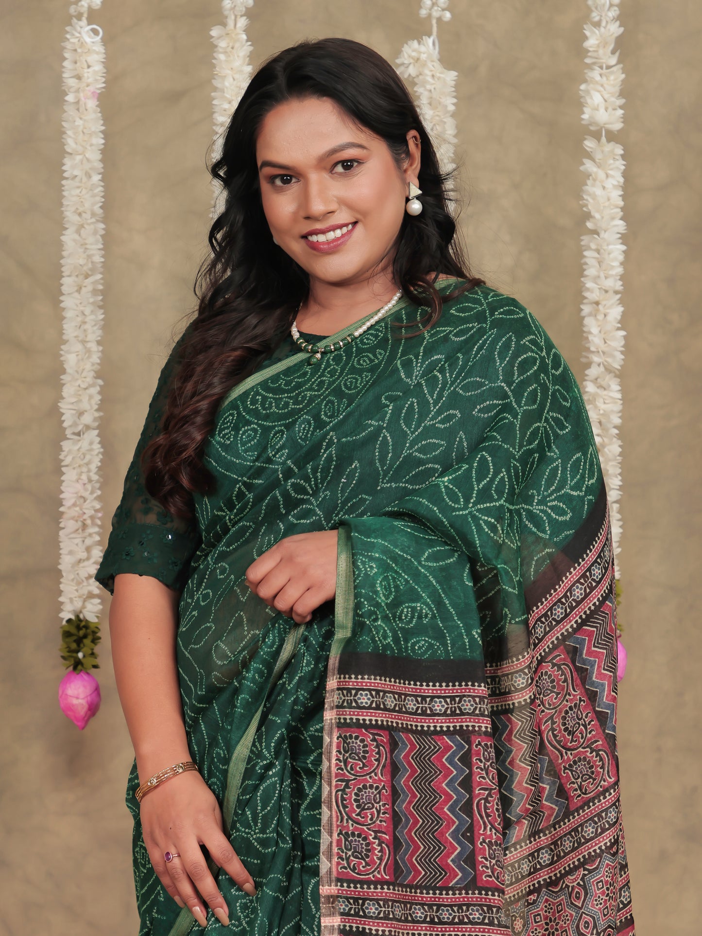 Chanderi Bandhani Emerald Green Saree