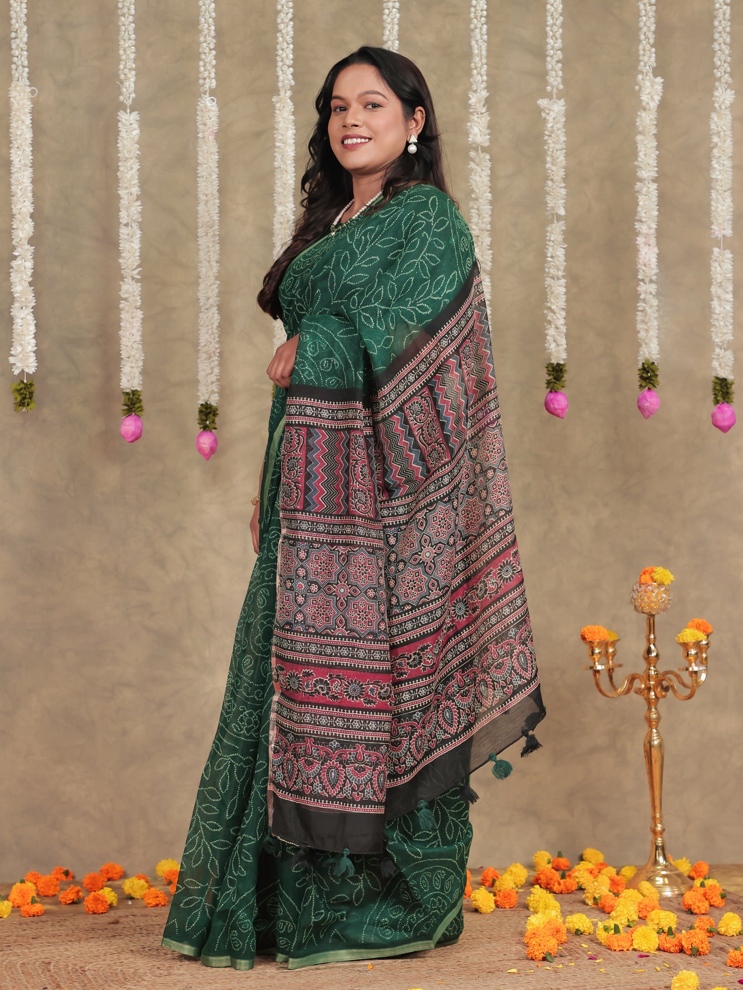 Chanderi Bandhani Emerald Green Saree