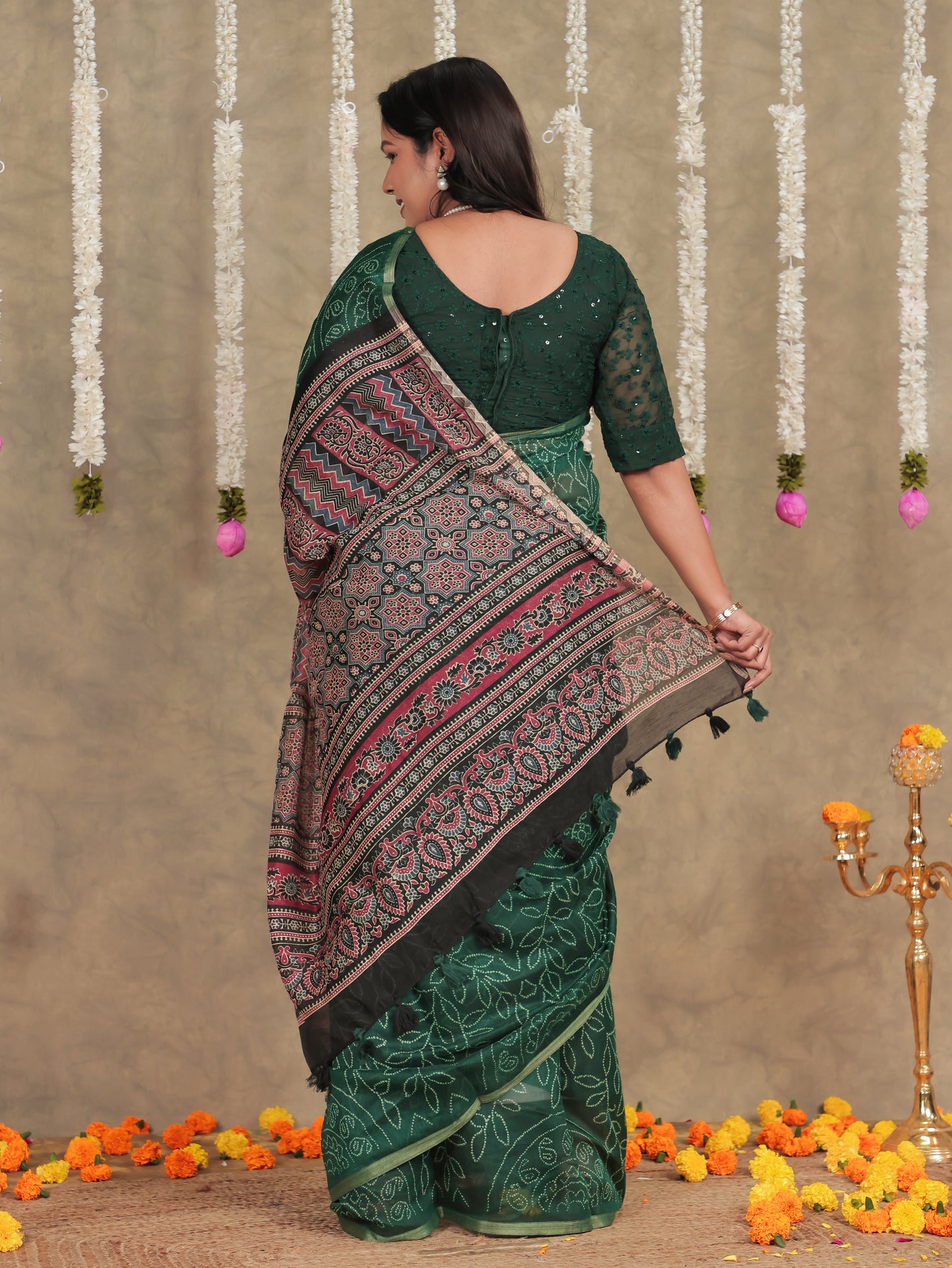 Chanderi Bandhani Emerald Green Saree