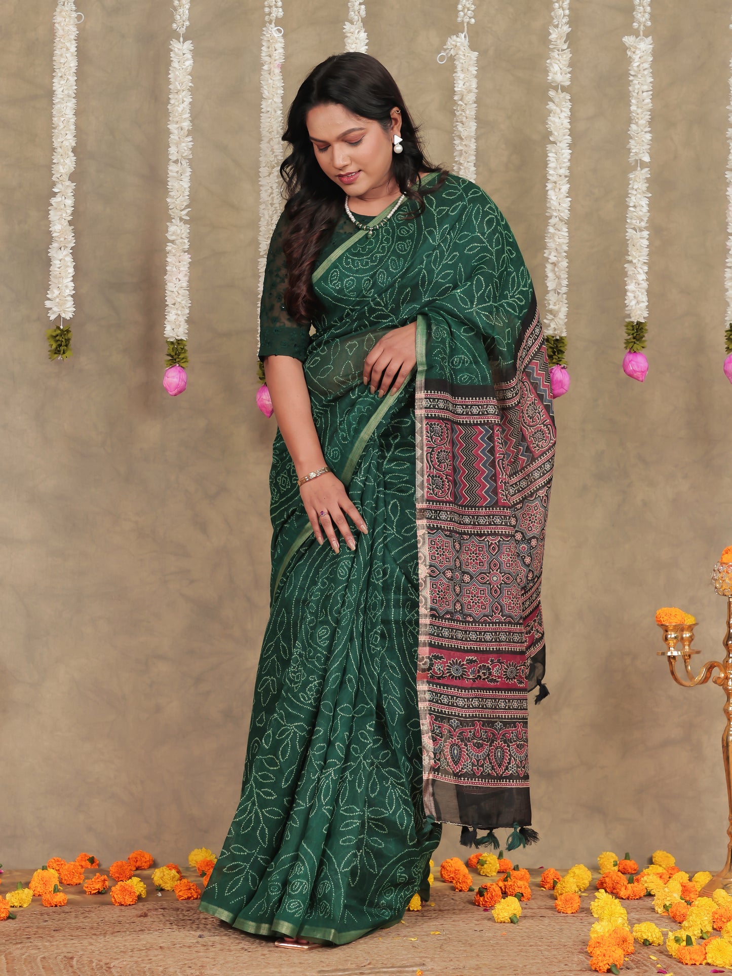 Chanderi Bandhani Emerald Green Saree