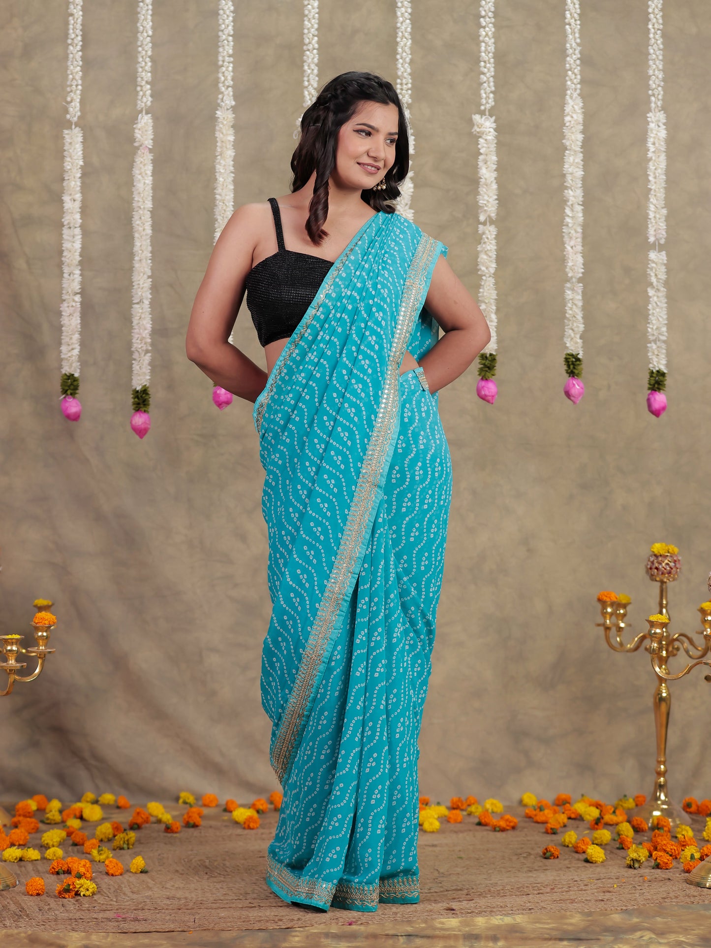 Georgette Bandhani Sky Blue Saree