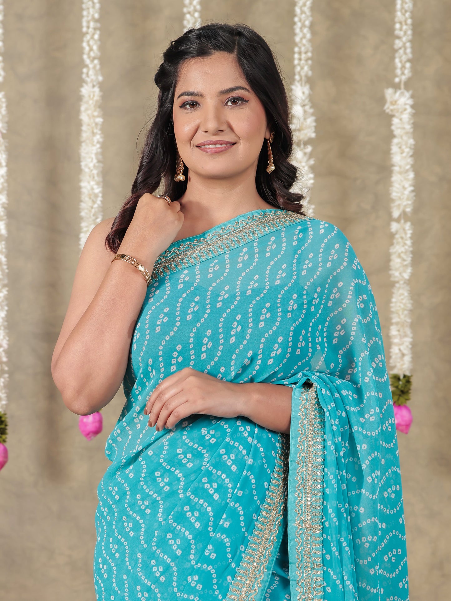 Georgette Bandhani Sky Blue Saree