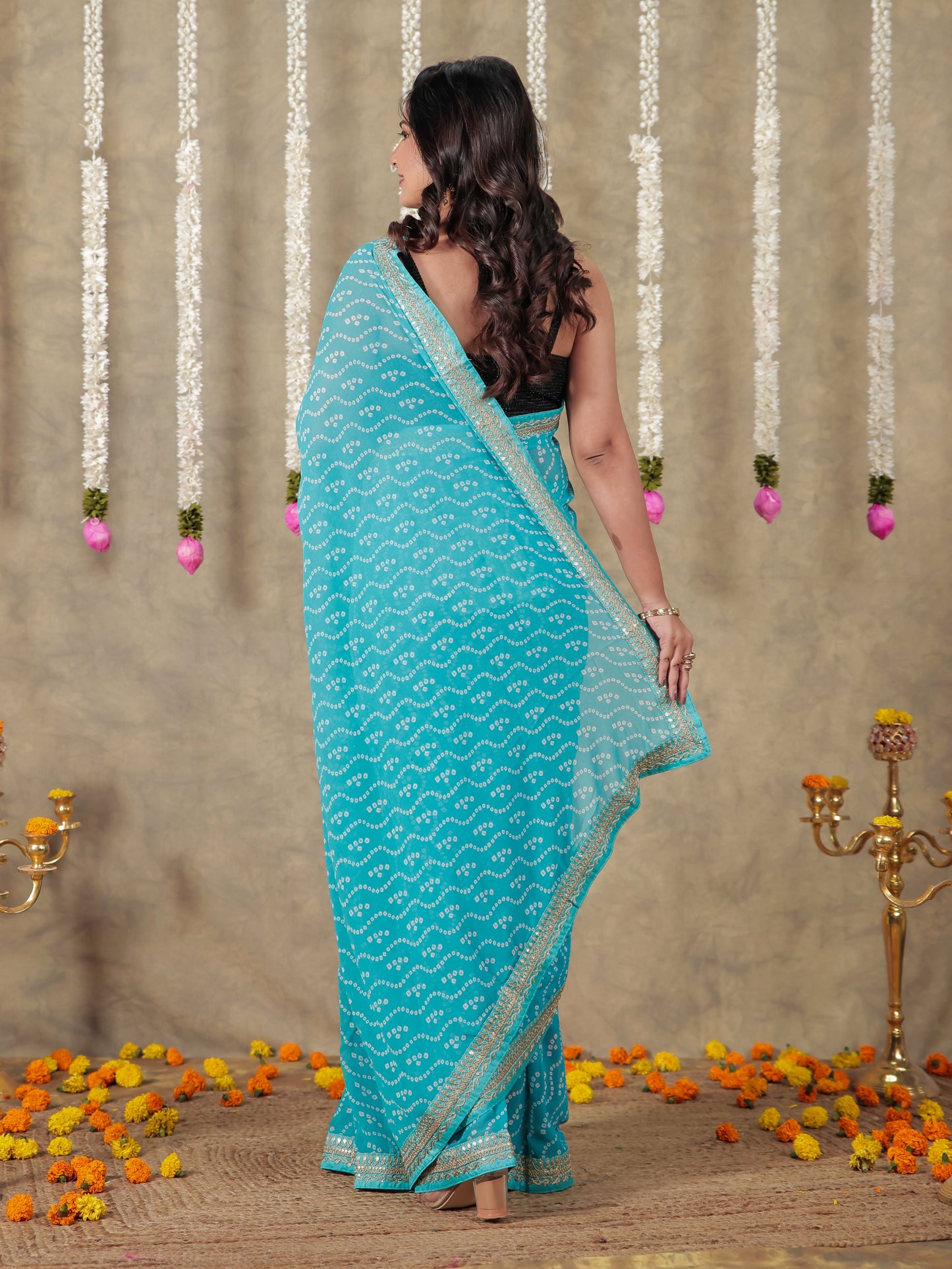 Georgette Bandhani Sky Blue Saree