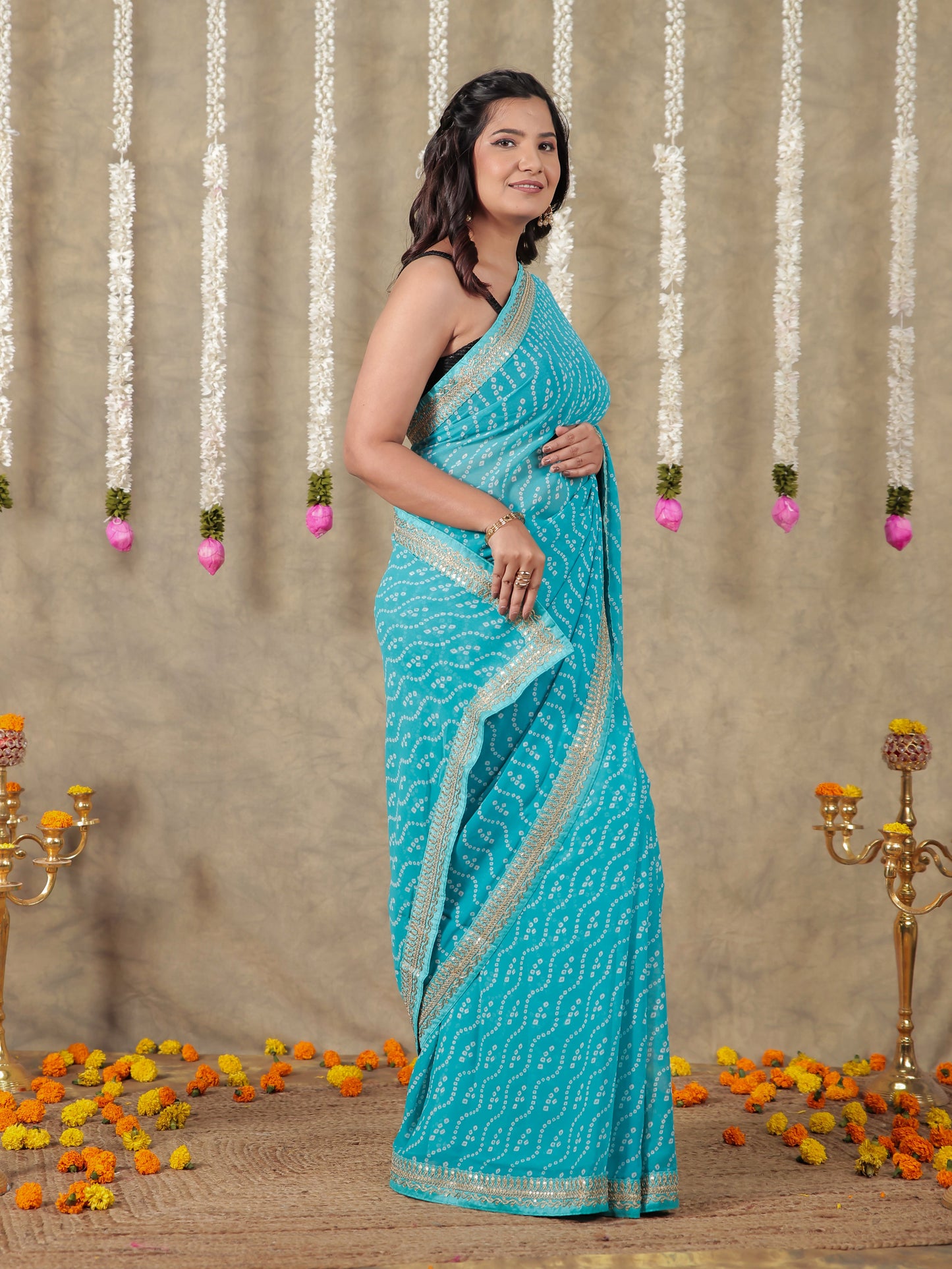 Georgette Bandhani Sky Blue Saree