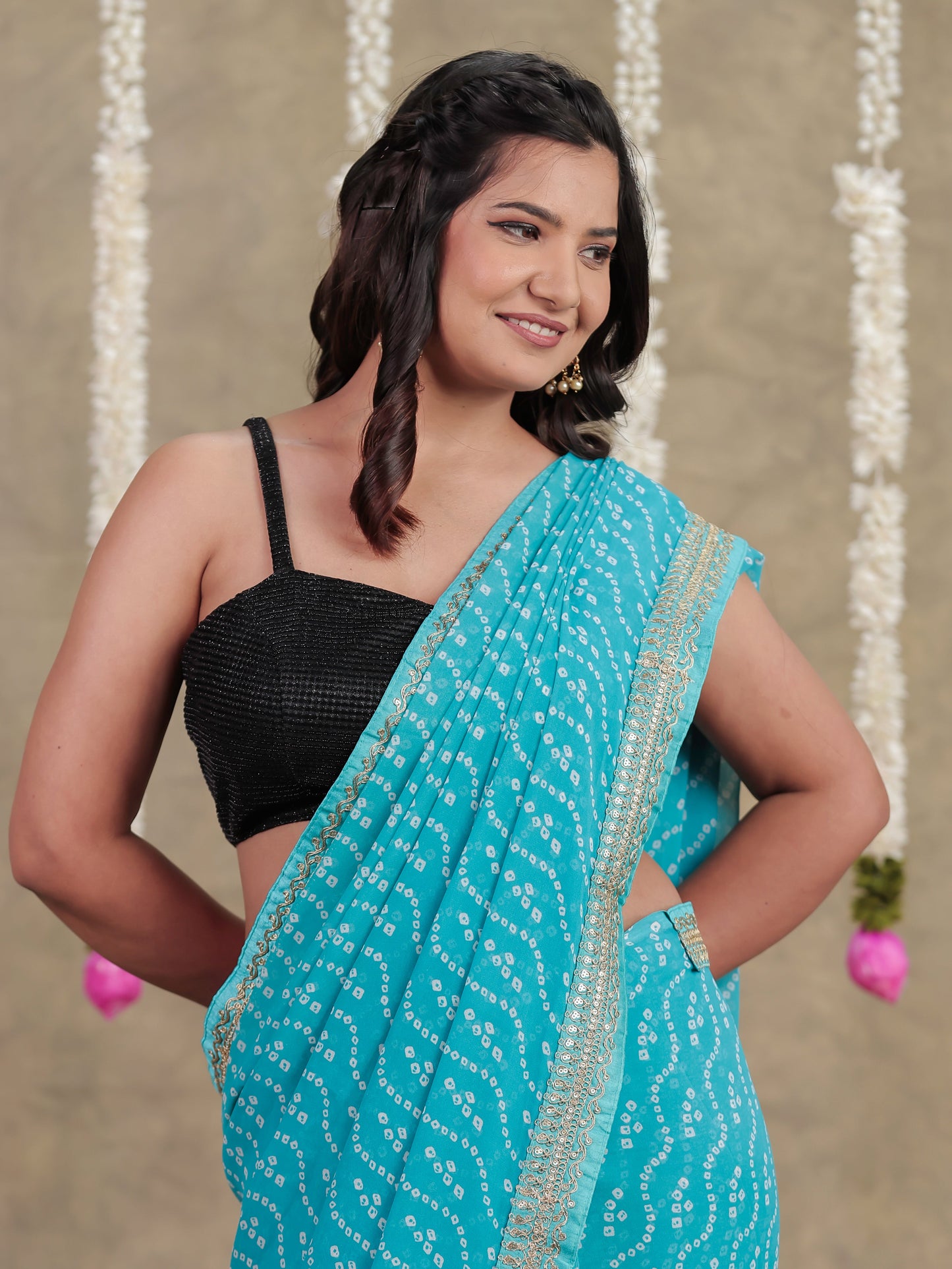 Georgette Bandhani Sky Blue Saree