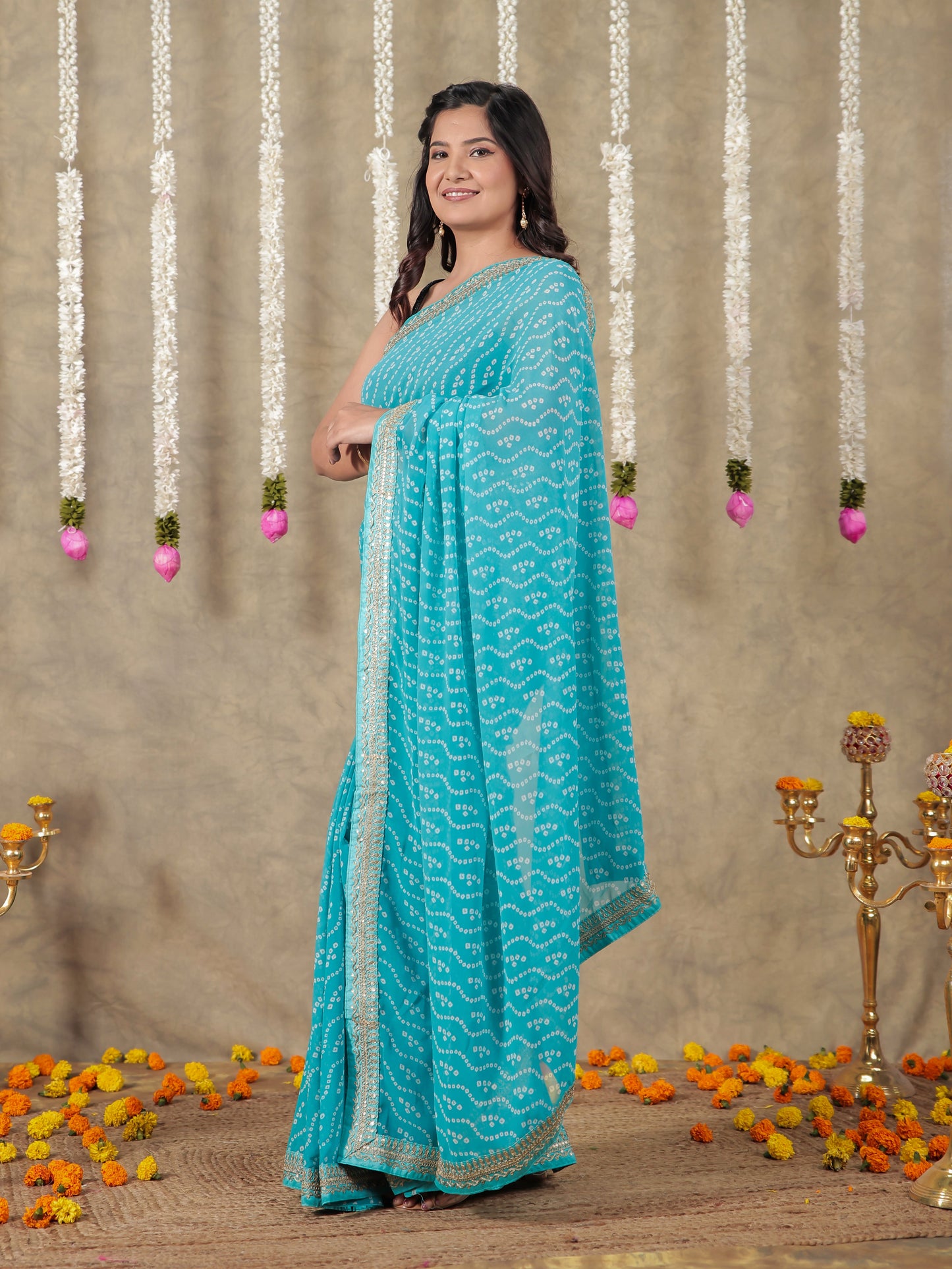 Georgette Bandhani Sky Blue Saree