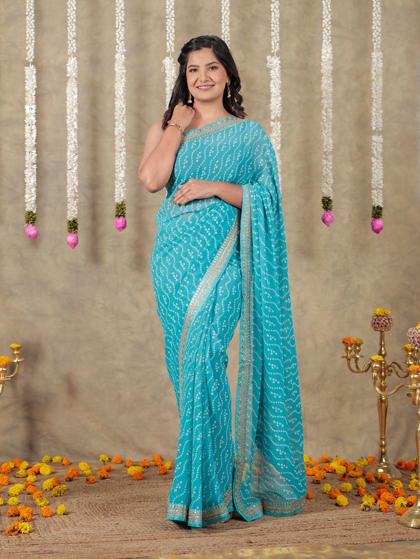 Georgette Bandhani Sky Blue Saree
