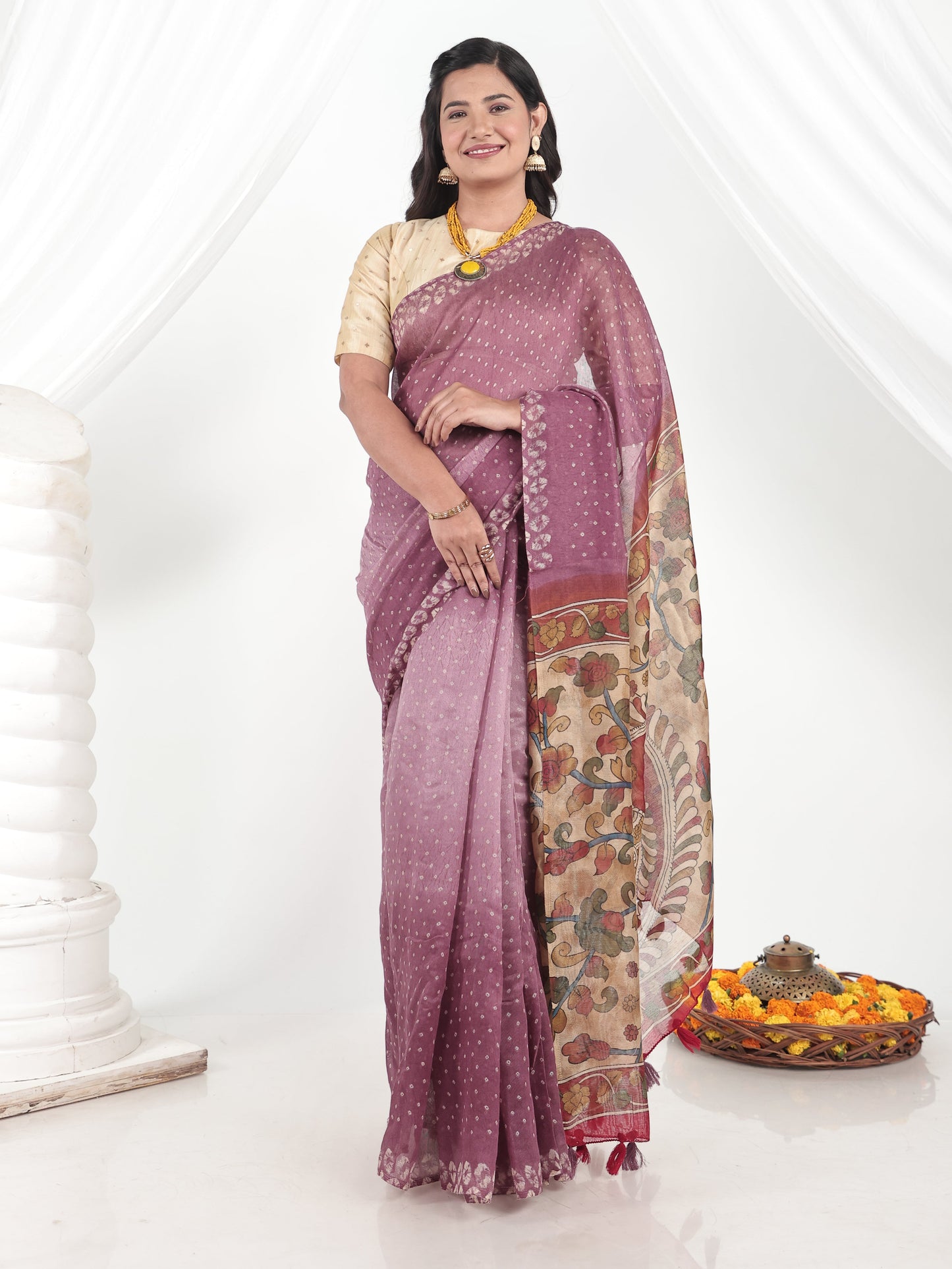 Cotton Silk Bandhani Purple Saree
