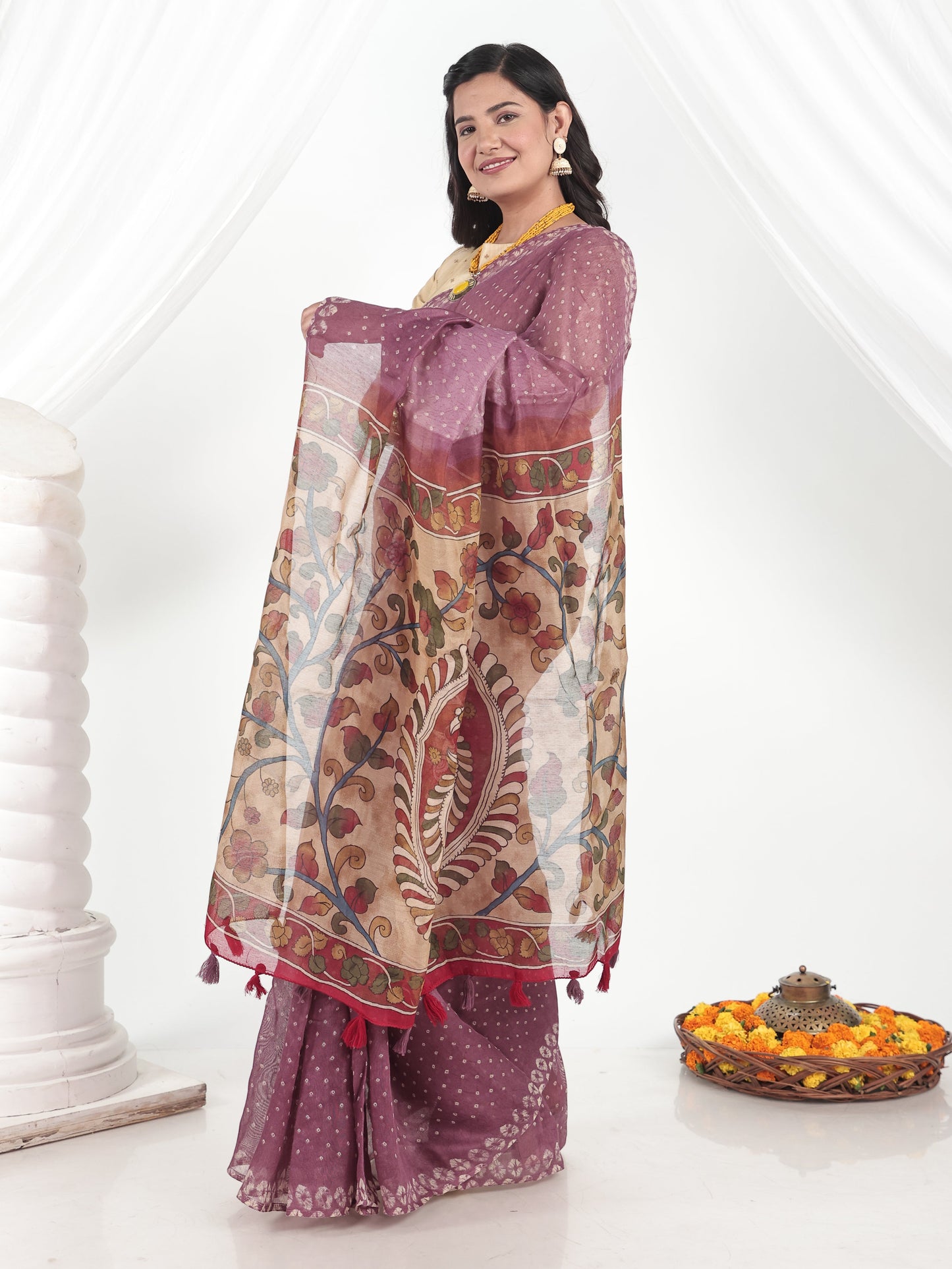Cotton Silk Bandhani Purple Saree