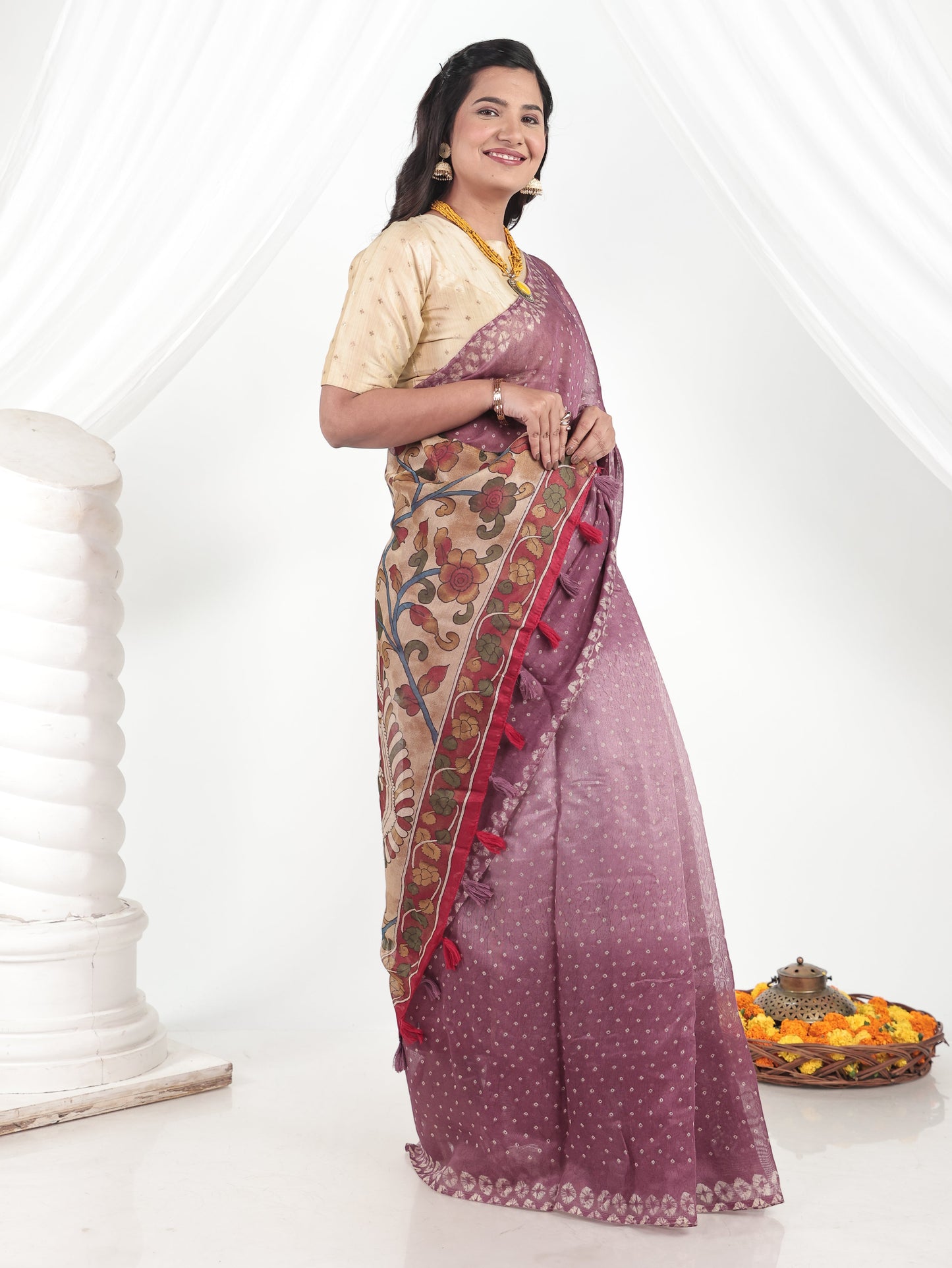 Cotton Silk Bandhani Purple Saree