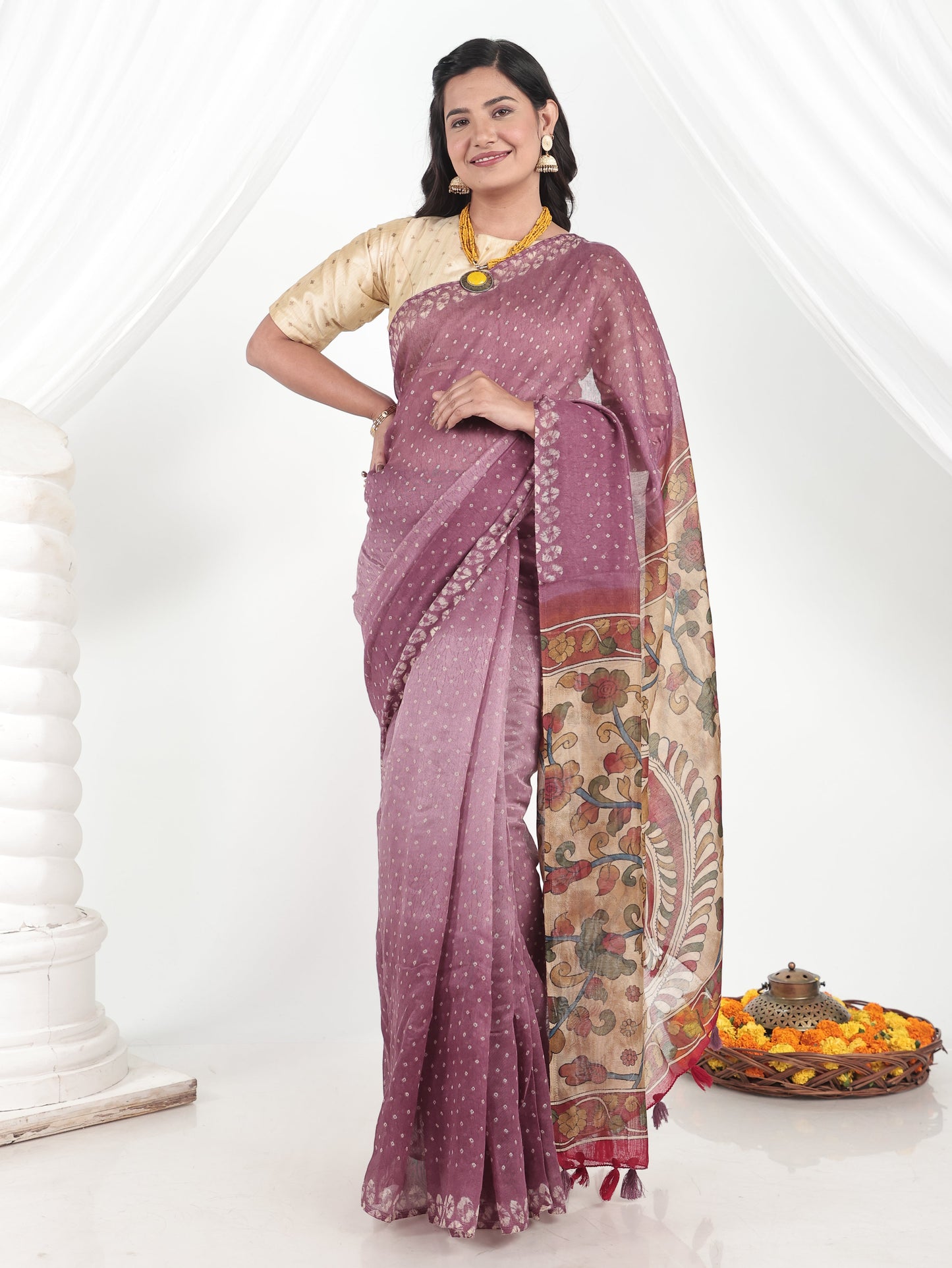 Cotton Silk Bandhani Purple Saree