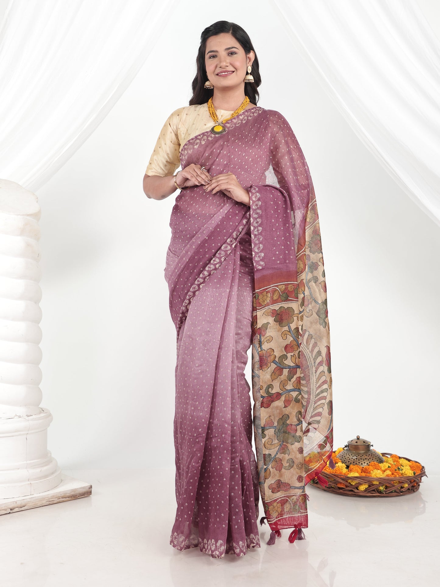 Cotton Silk Bandhani Purple Saree