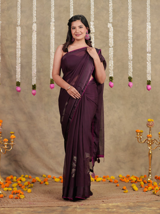 Chiffon Gold foil Purple Saree