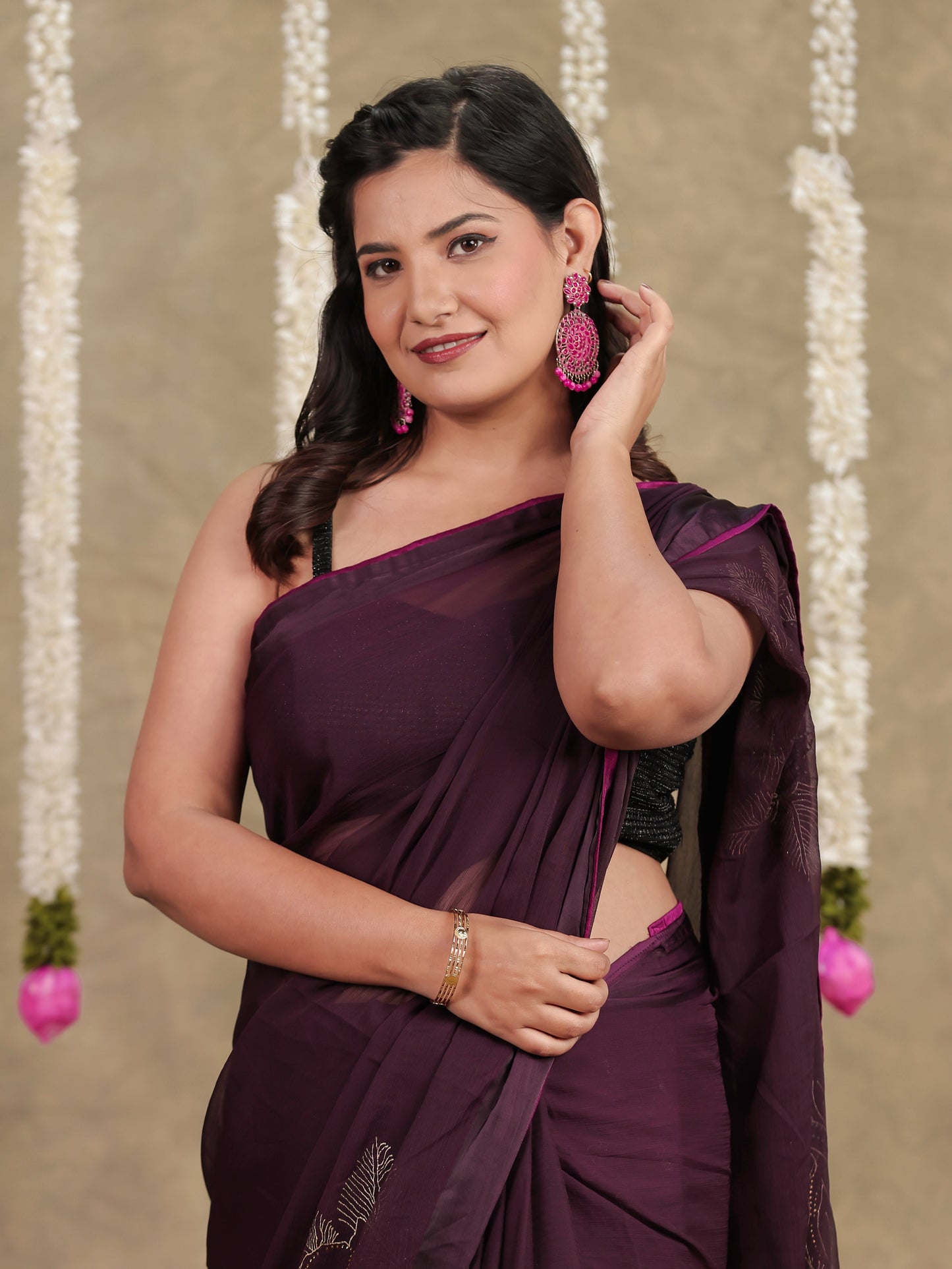 Chiffon Gold foil Purple Saree