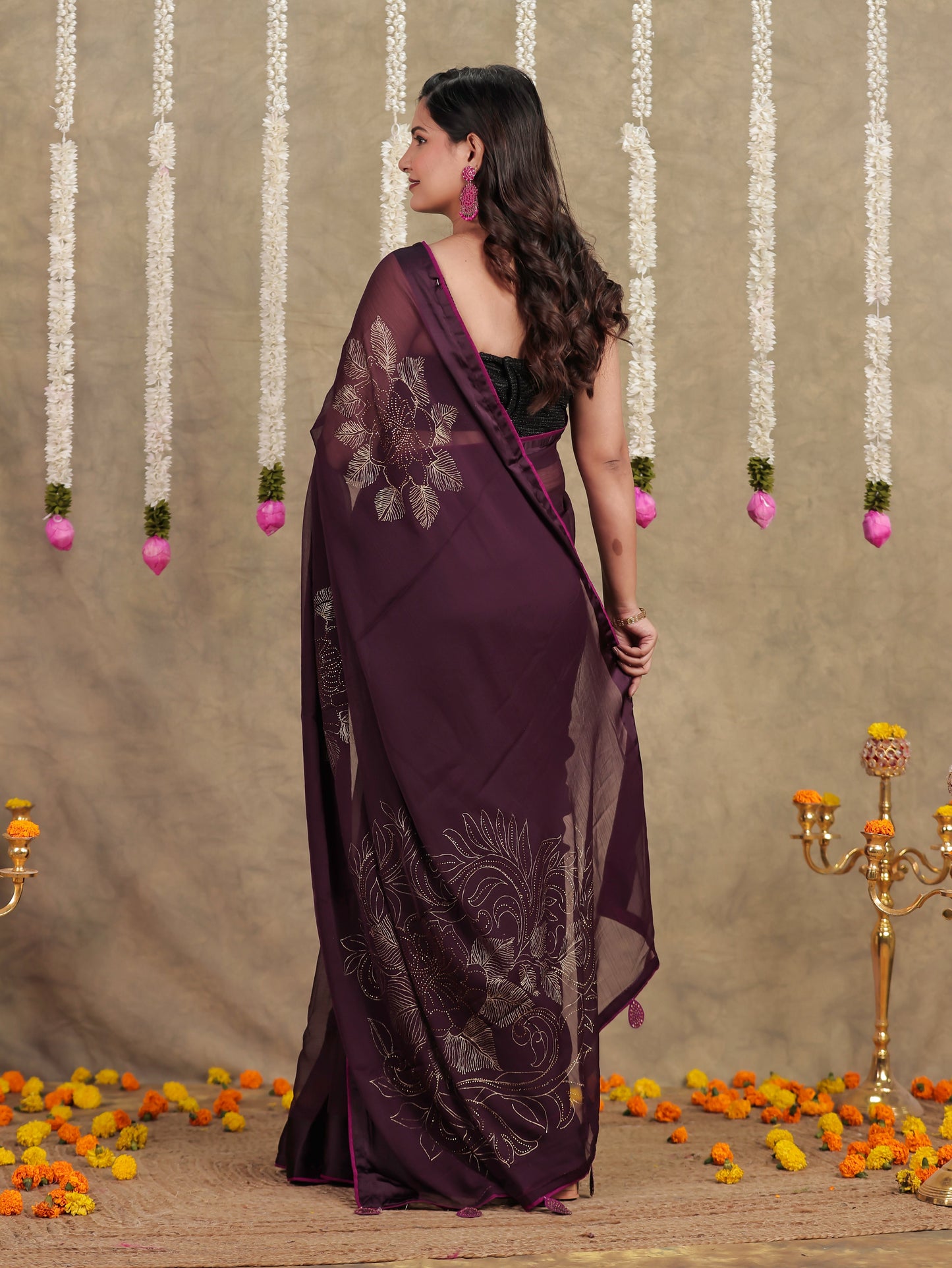 Chiffon Gold foil Purple Saree