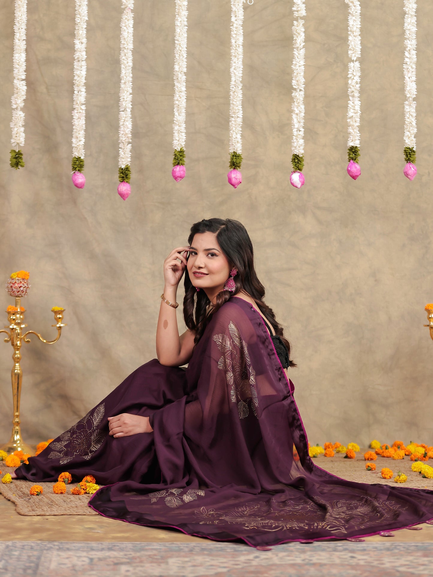 Chiffon Gold foil Purple Saree