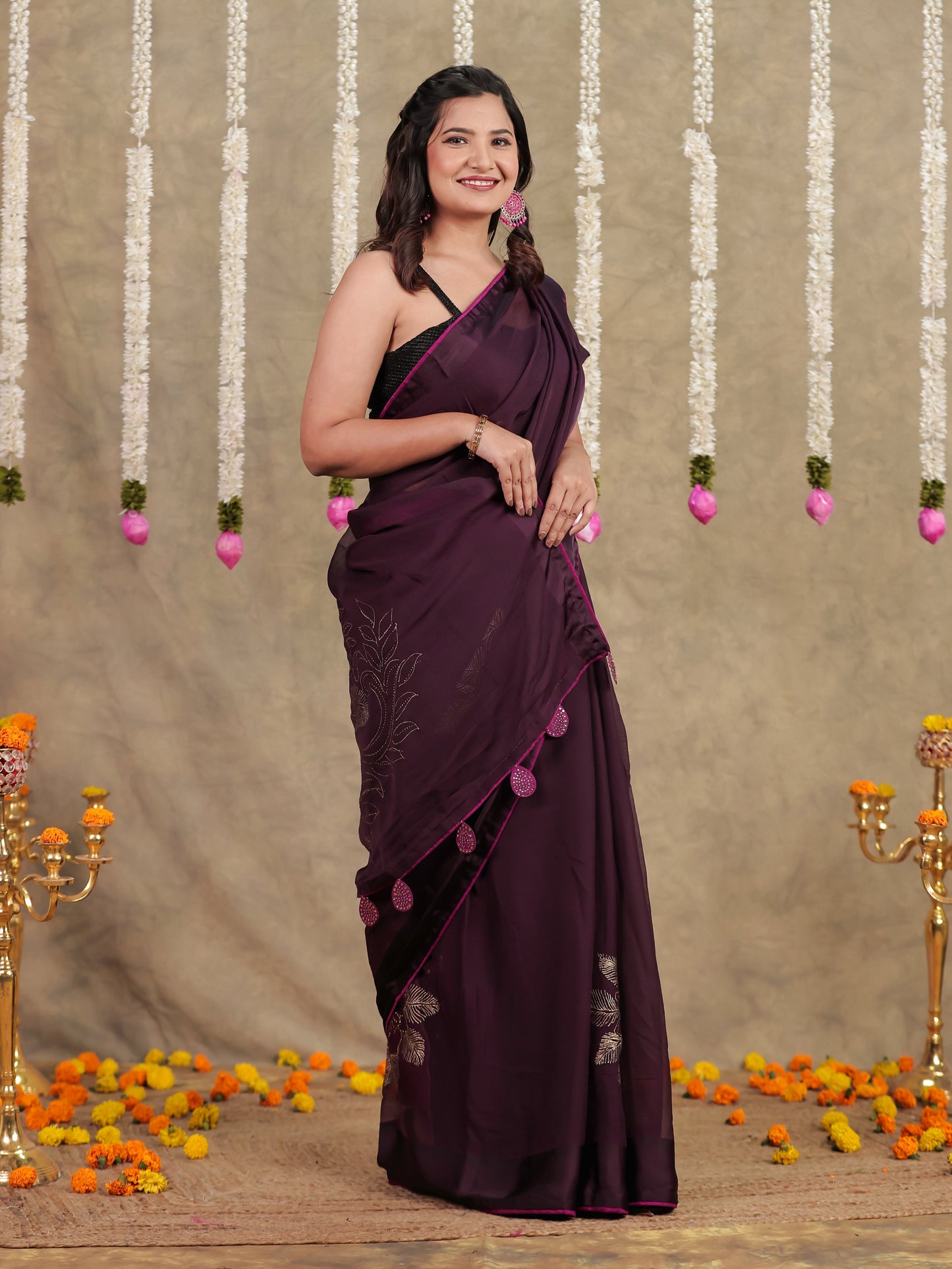 Chiffon Gold foil Purple Saree