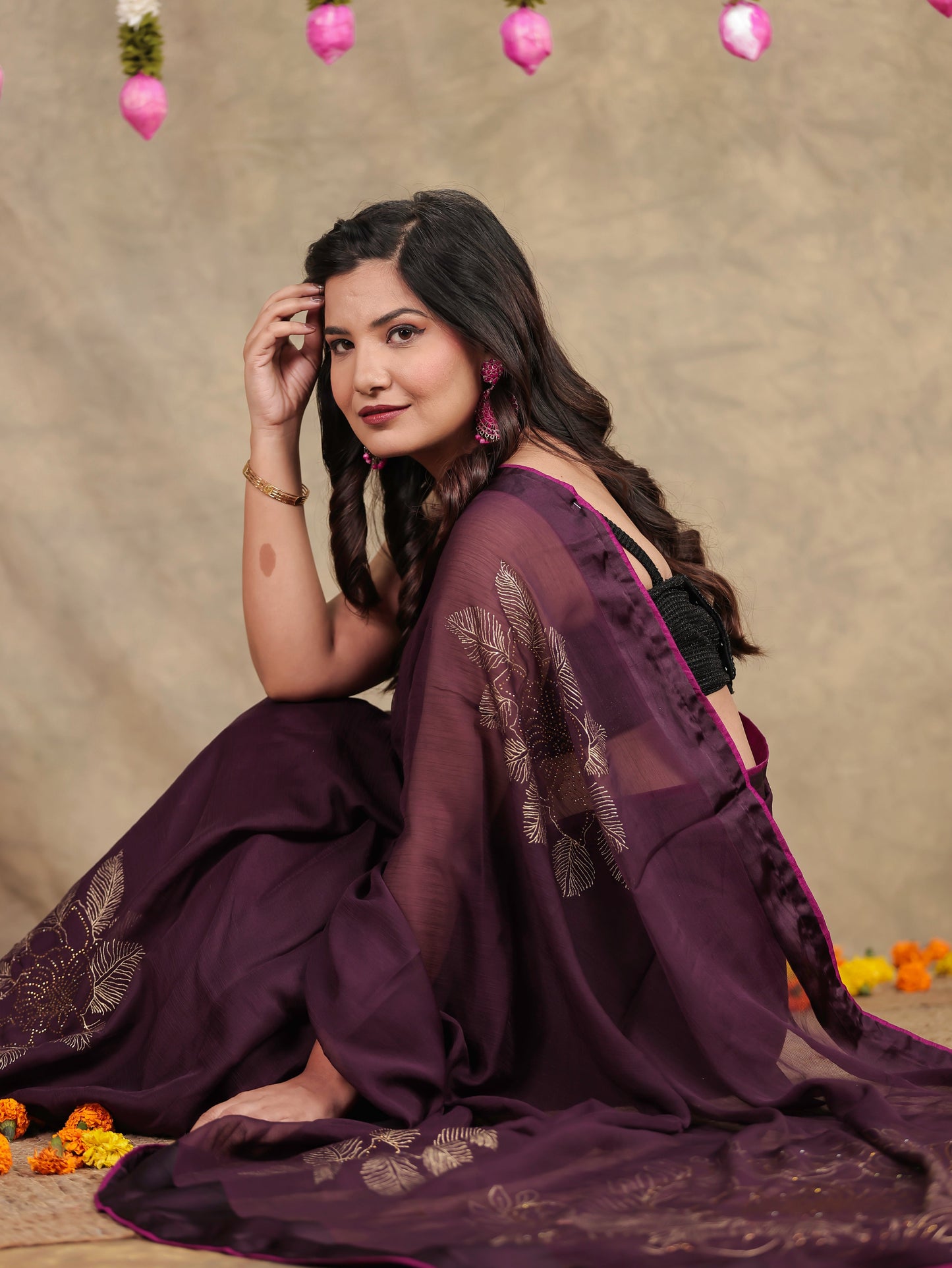 Chiffon Gold foil Purple Saree