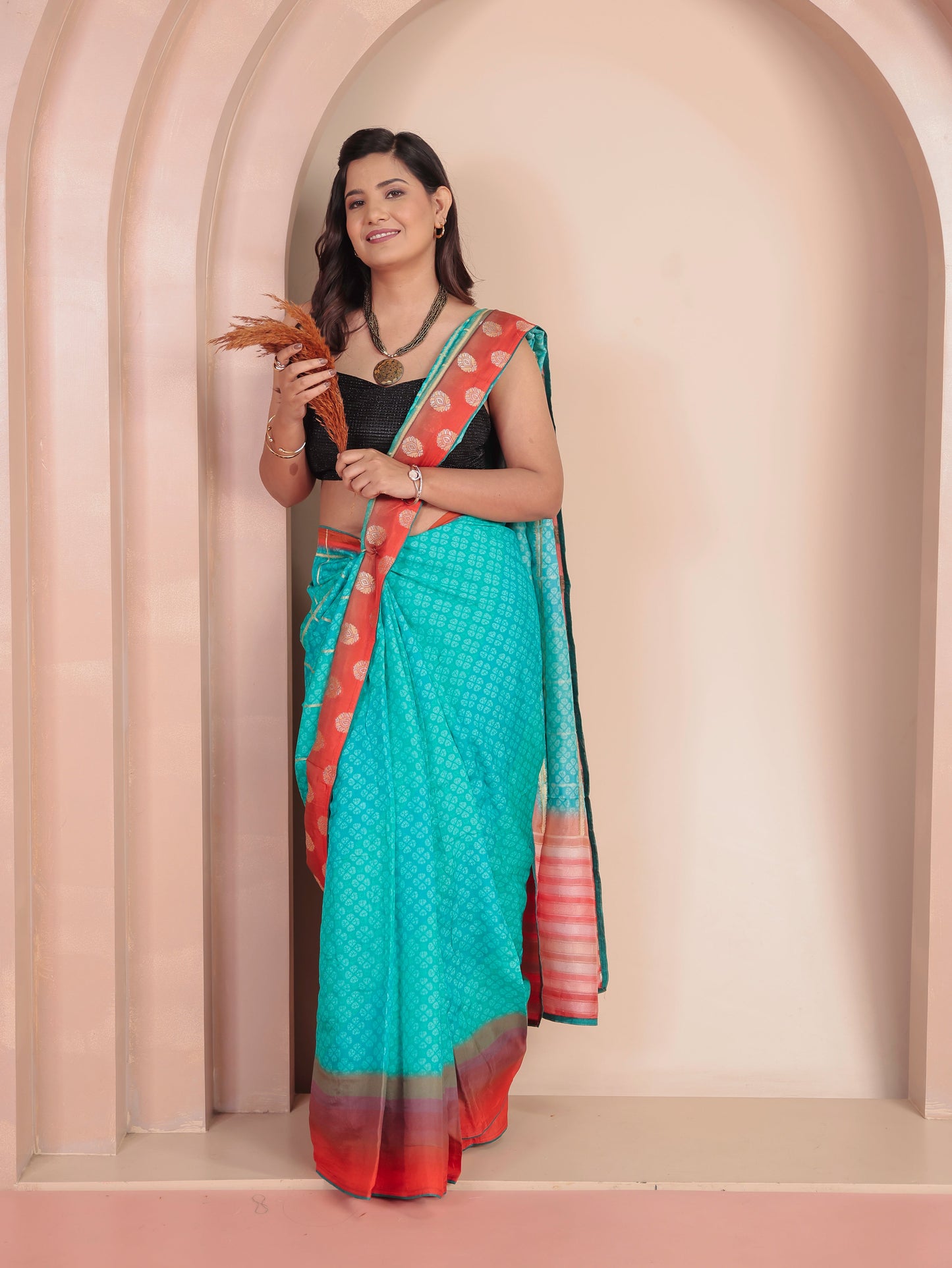Chiffon Geometric Turquoise Saree