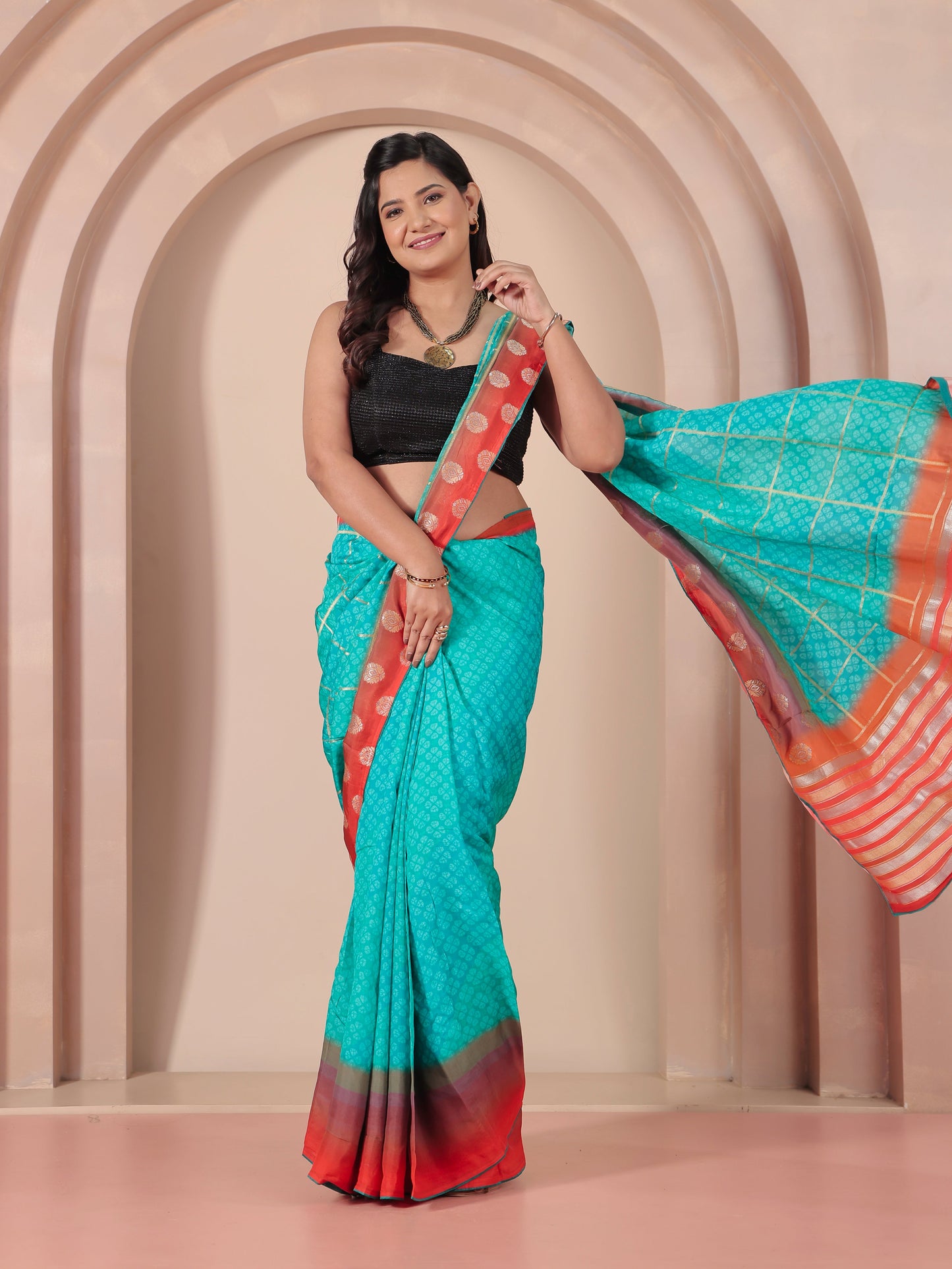 Chiffon Geometric Turquoise Saree
