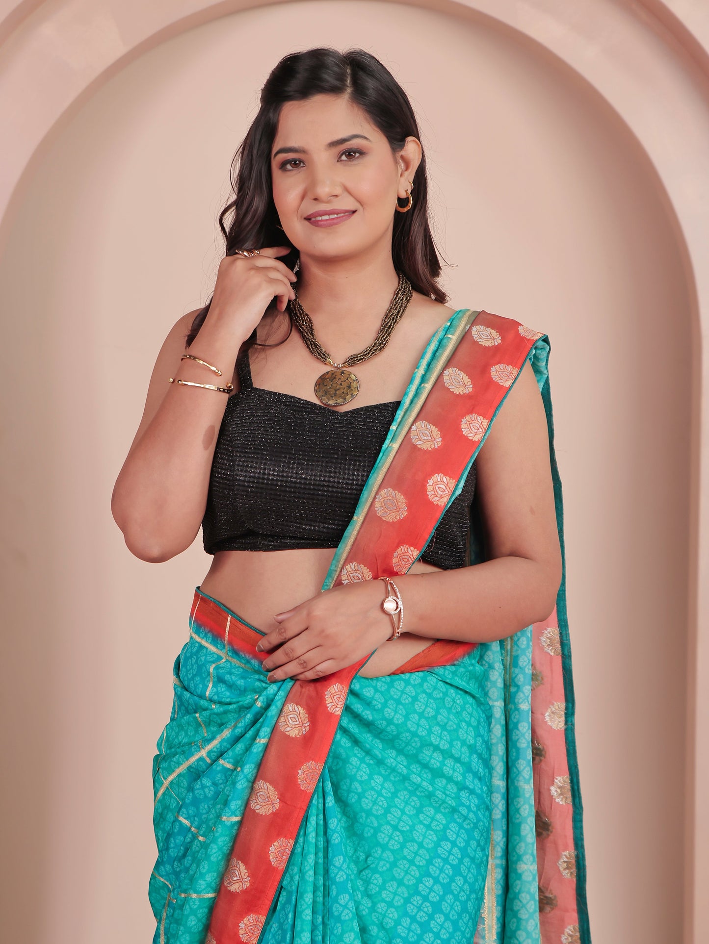 Chiffon Geometric Turquoise Saree