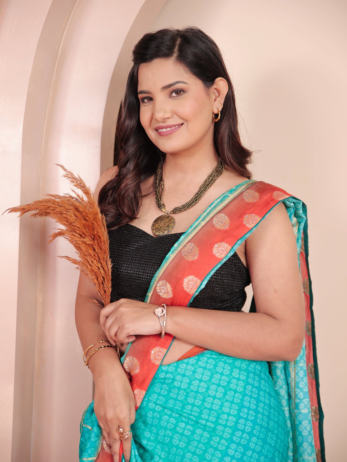 Chiffon Geometric Turquoise Saree