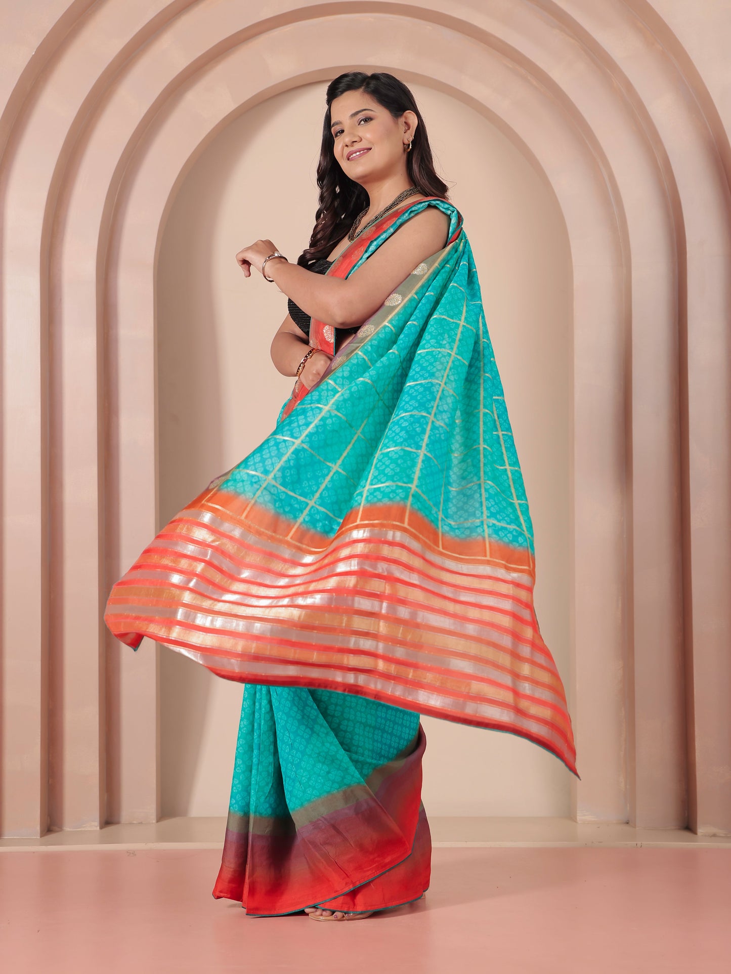 Chiffon Geometric Turquoise Saree