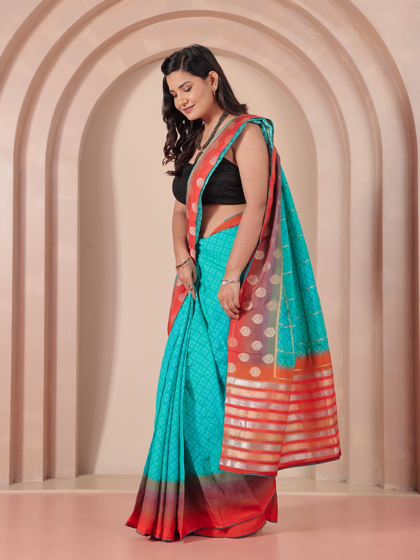 Chiffon Geometric Turquoise Saree