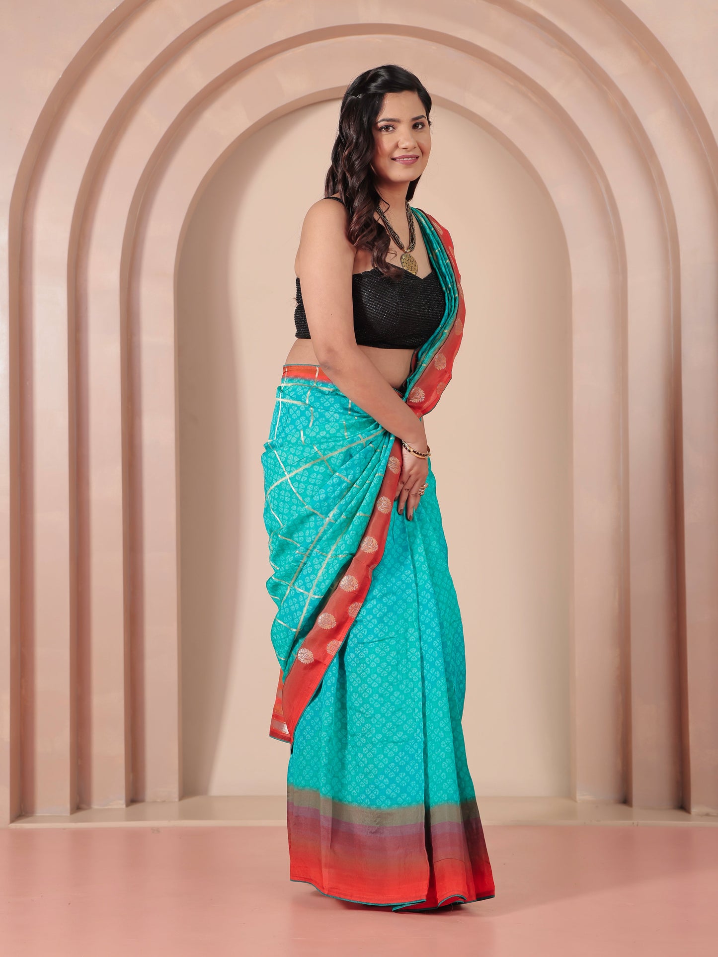 Chiffon Geometric Turquoise Saree