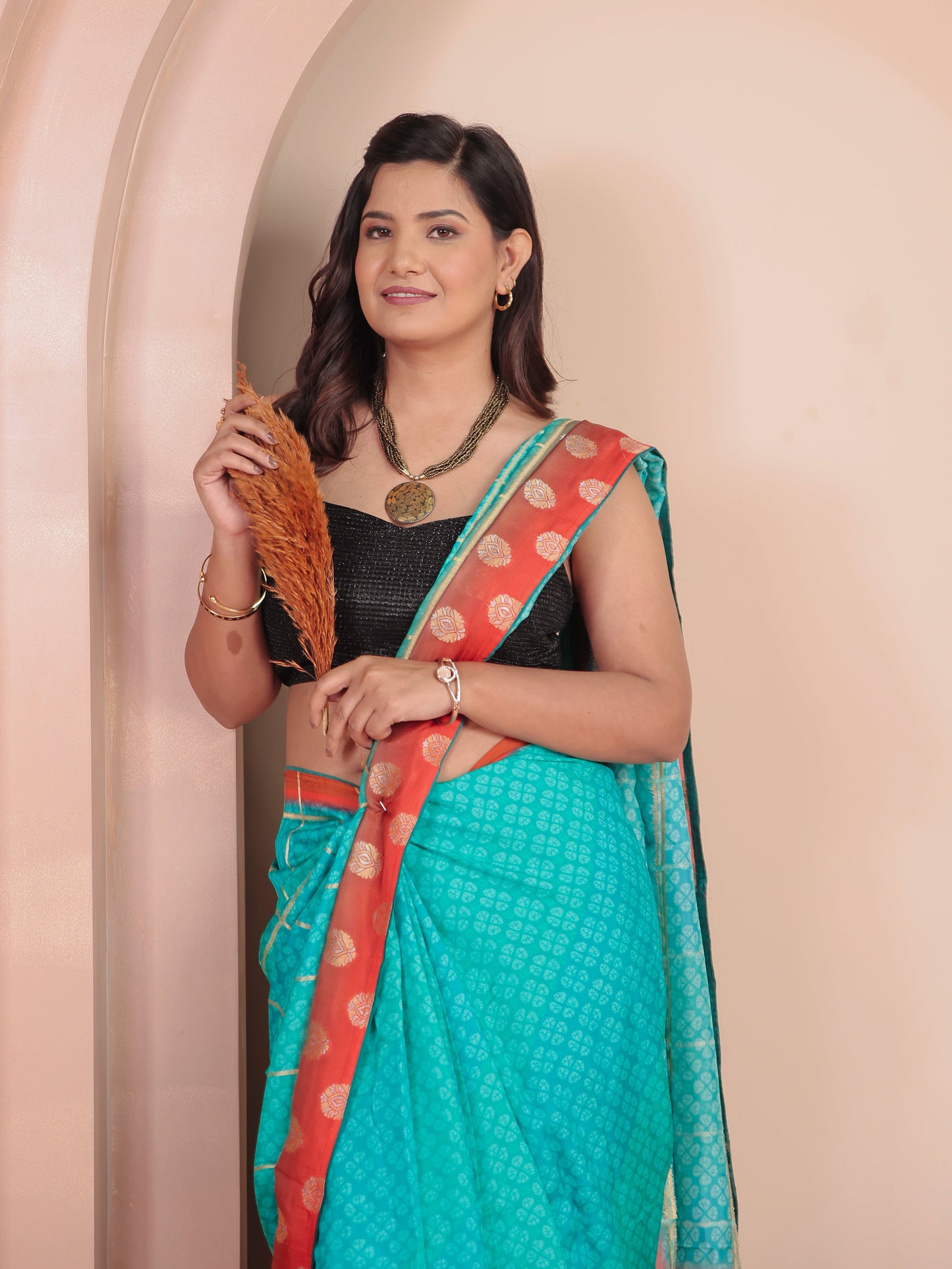 Chiffon Geometric Turquoise Saree