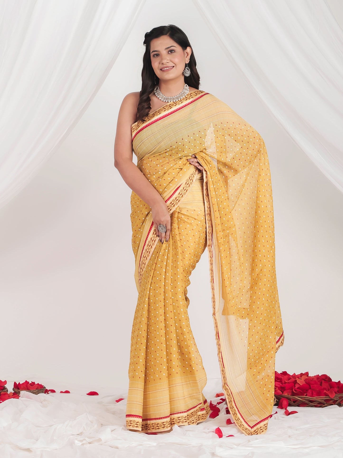 Silk Crepe Bandhani Mustard Saree