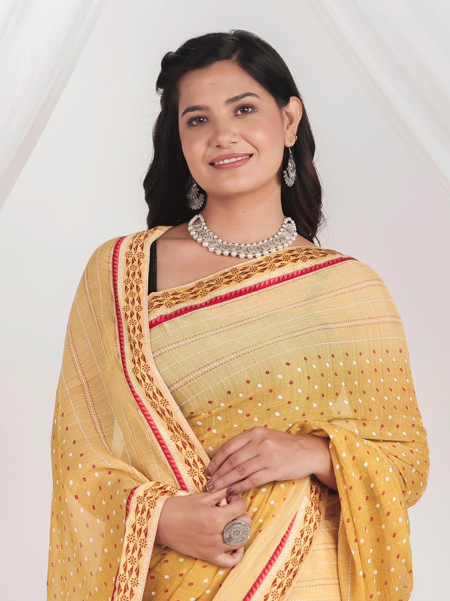 Silk Crepe Bandhani Mustard Saree
