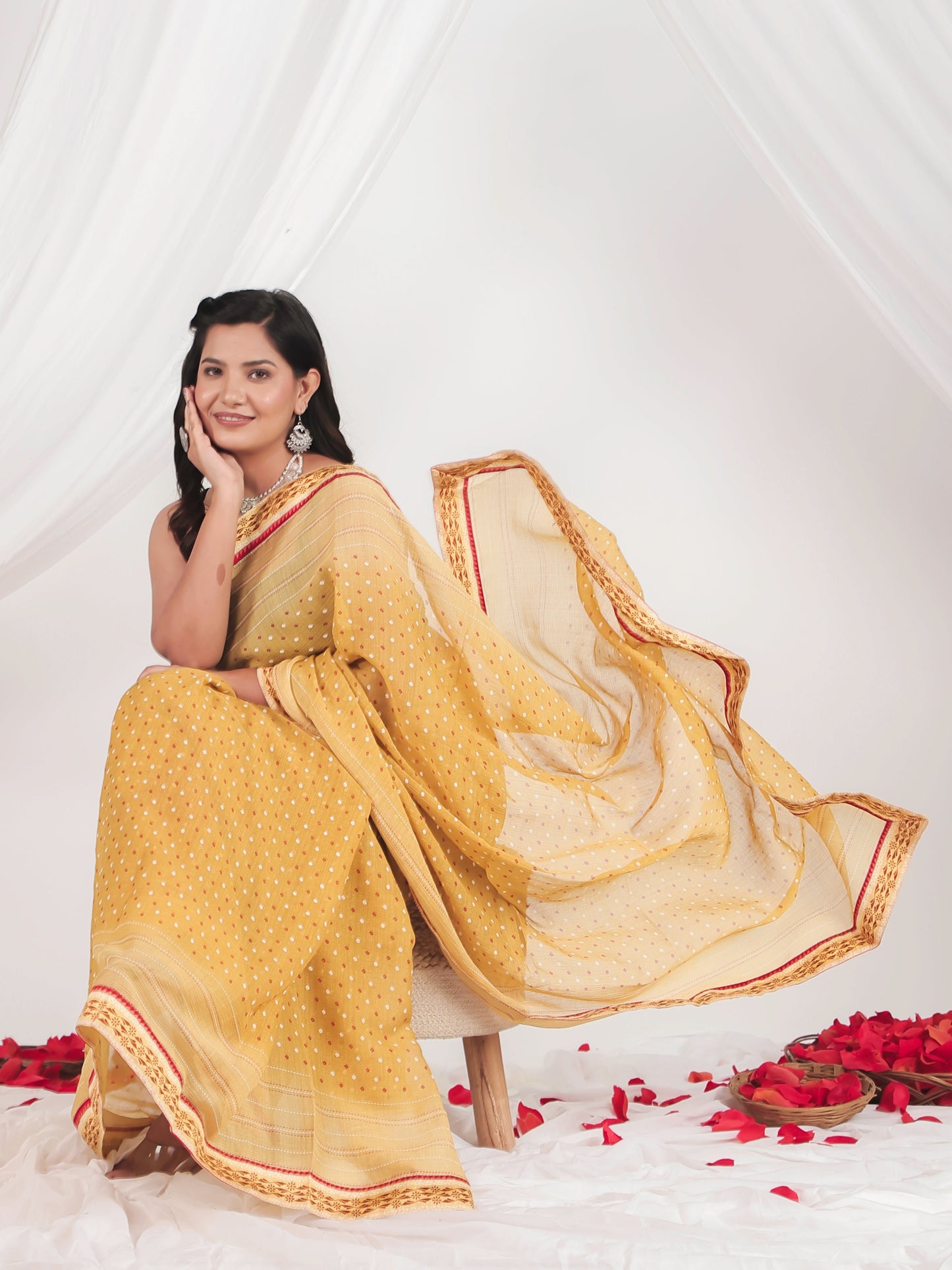 Silk Crepe Bandhani Mustard Saree