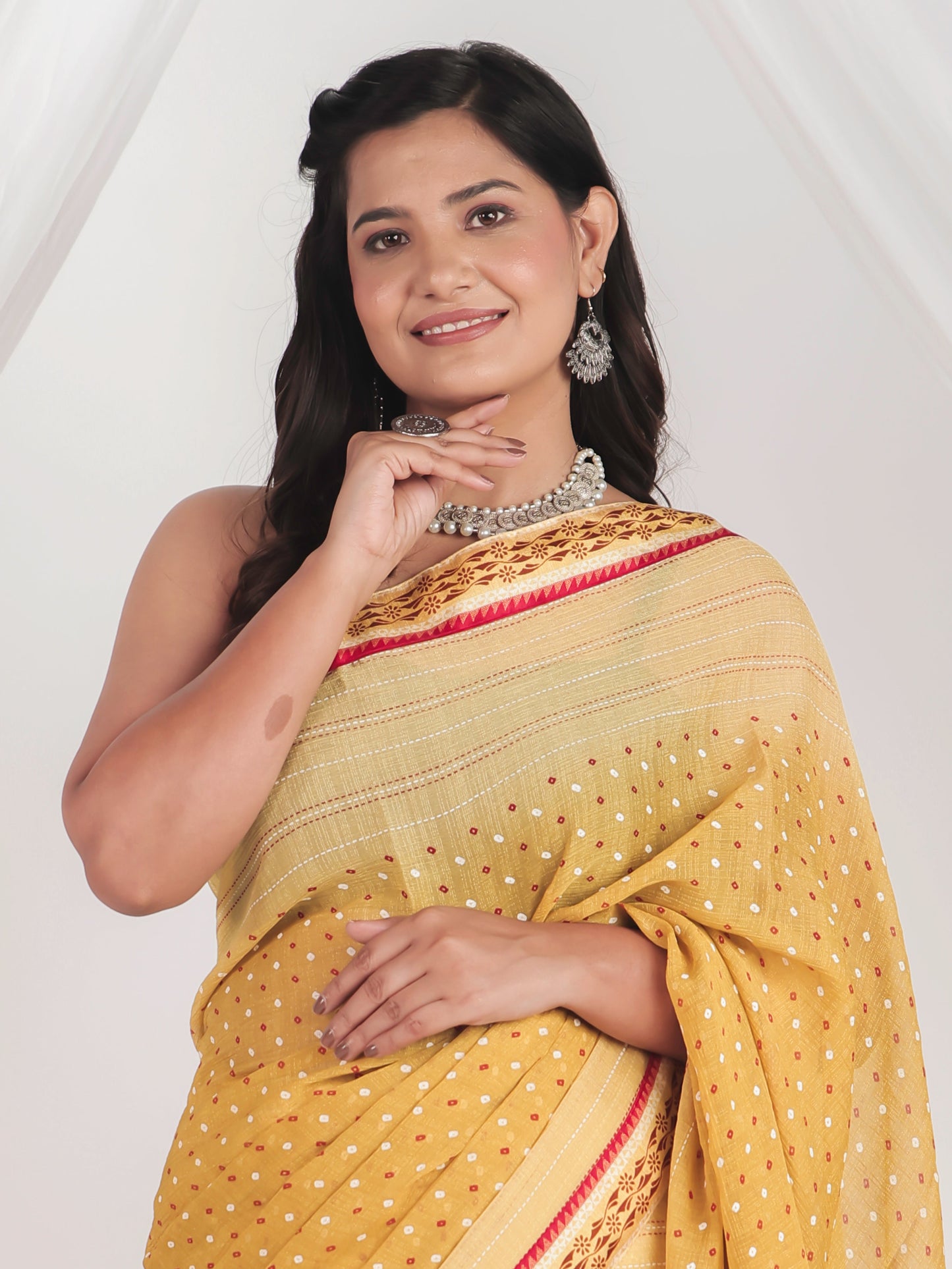 Silk Crepe Bandhani Mustard Saree