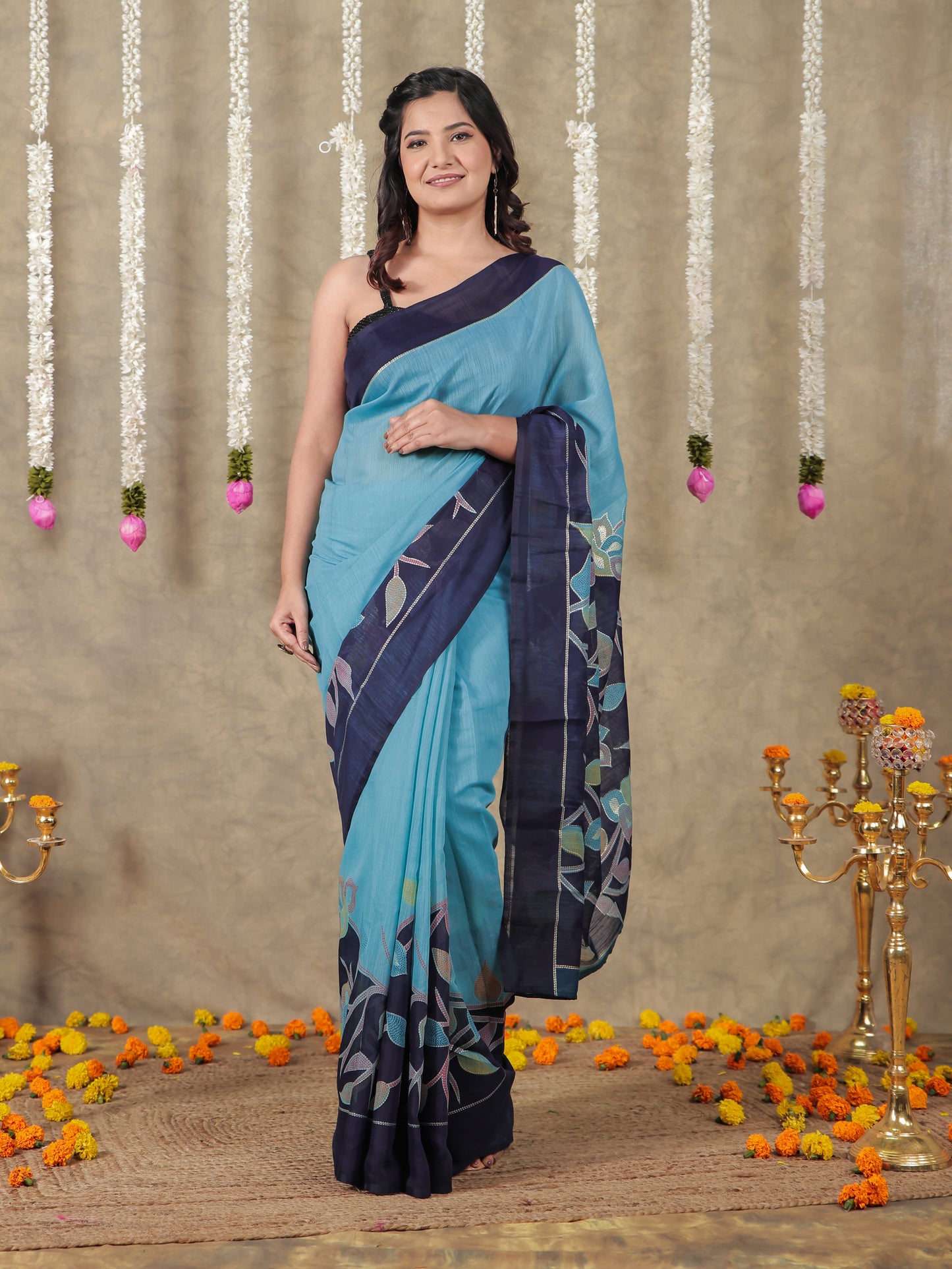 Cotton Silk Gold foil Turquoise Saree