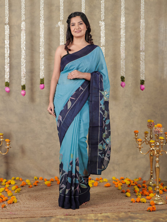 Cotton Silk Gold foil Turquoise Saree