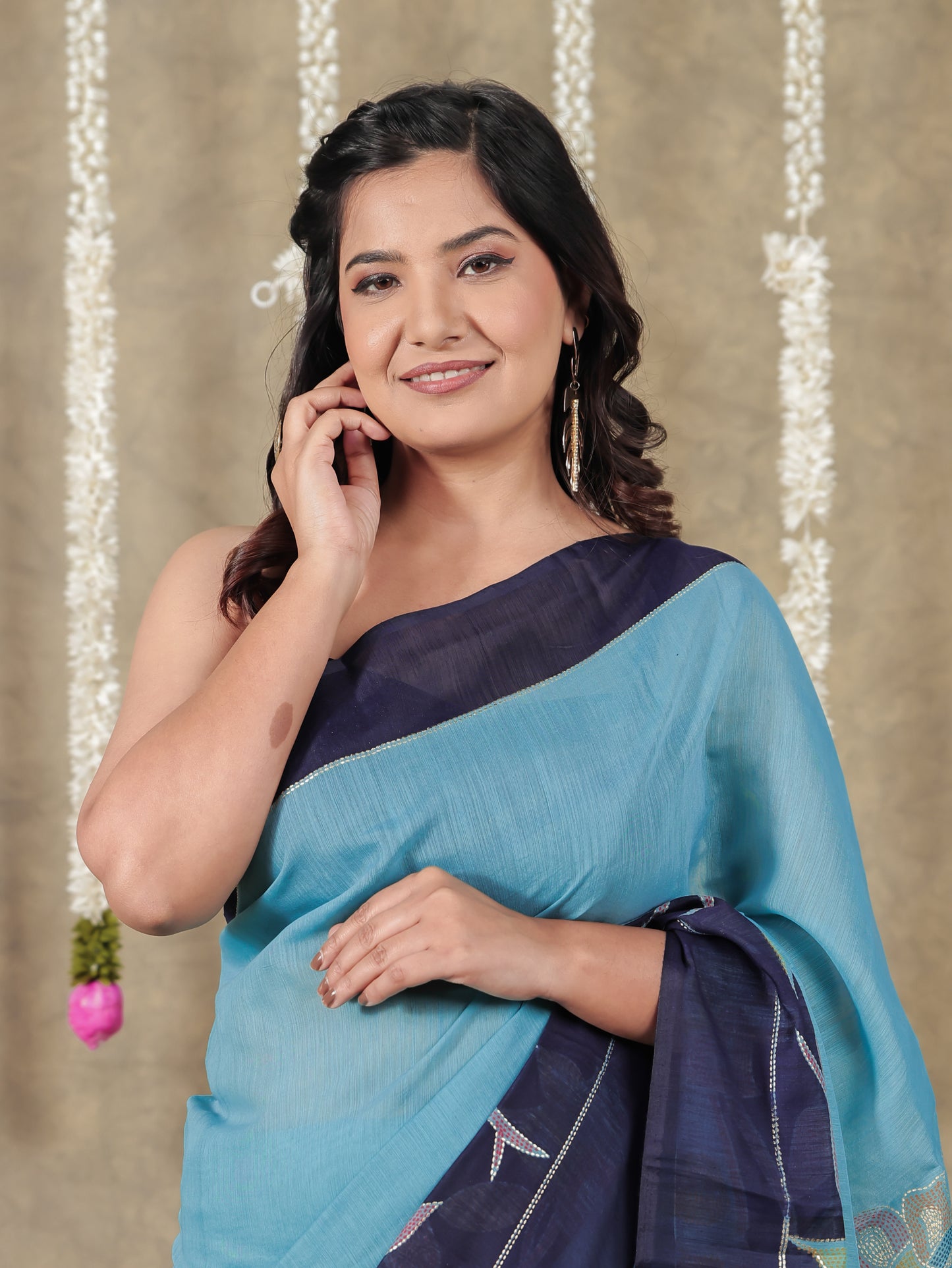 Cotton Silk Gold foil Turquoise Saree