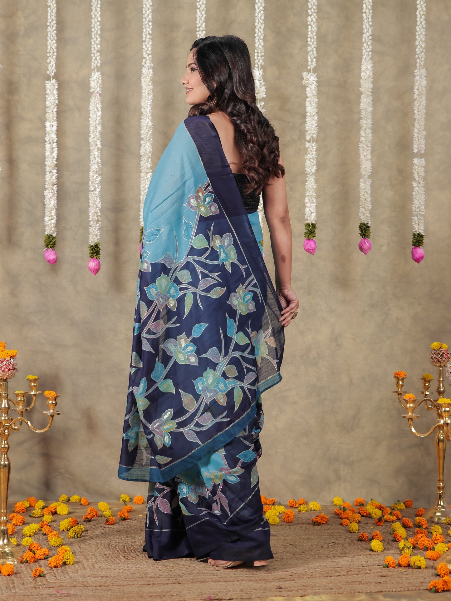 Cotton Silk Gold foil Turquoise Saree