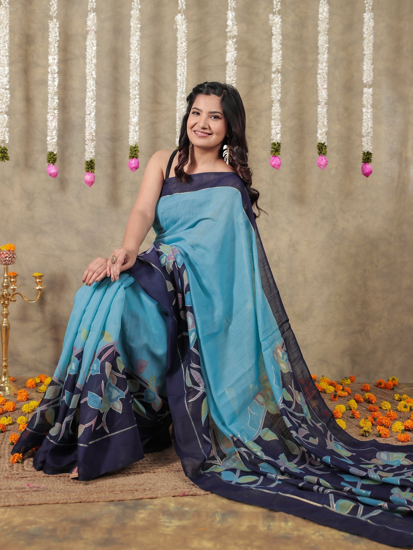 Cotton Silk Gold foil Turquoise Saree