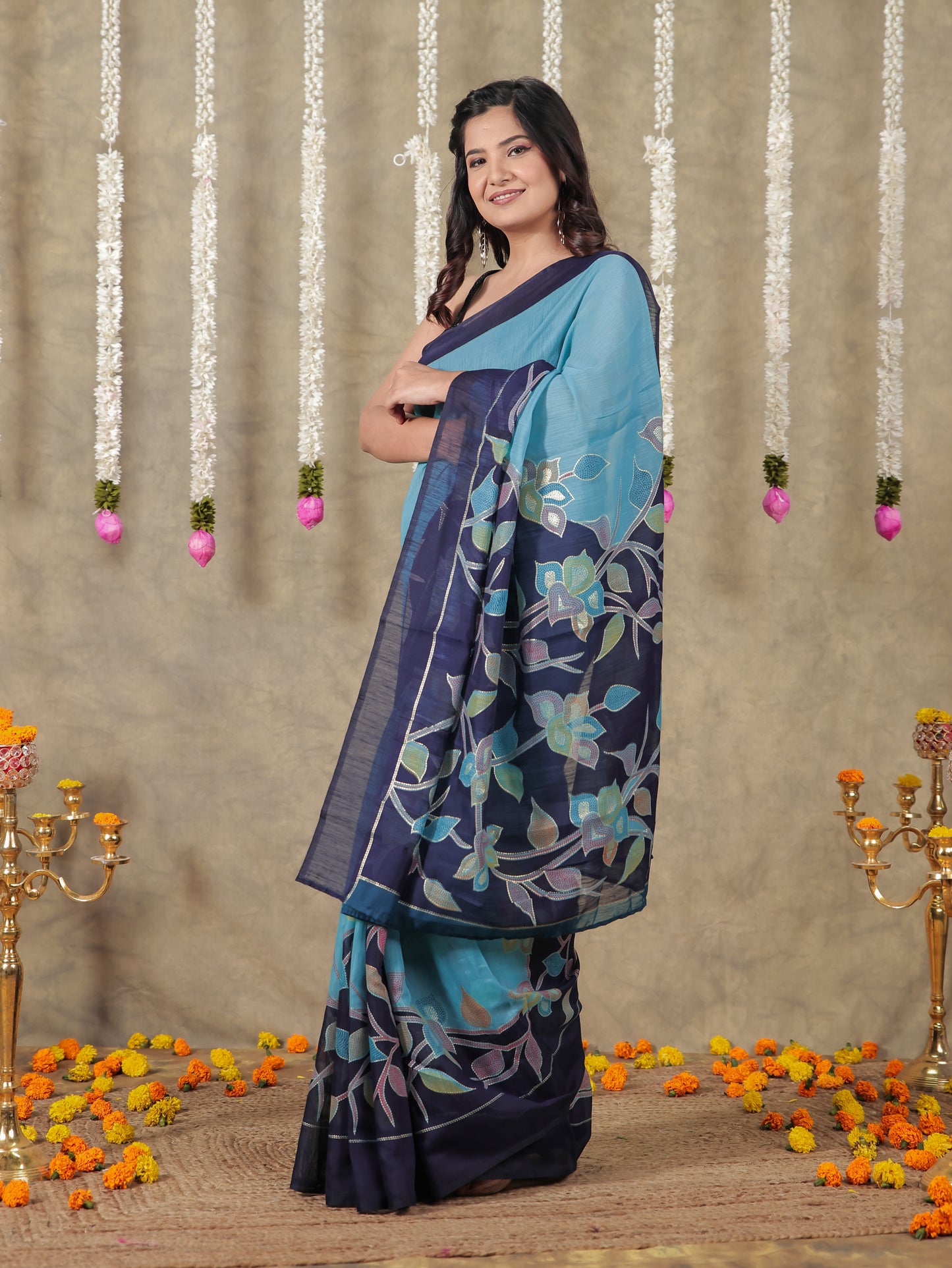 Cotton Silk Gold foil Turquoise Saree