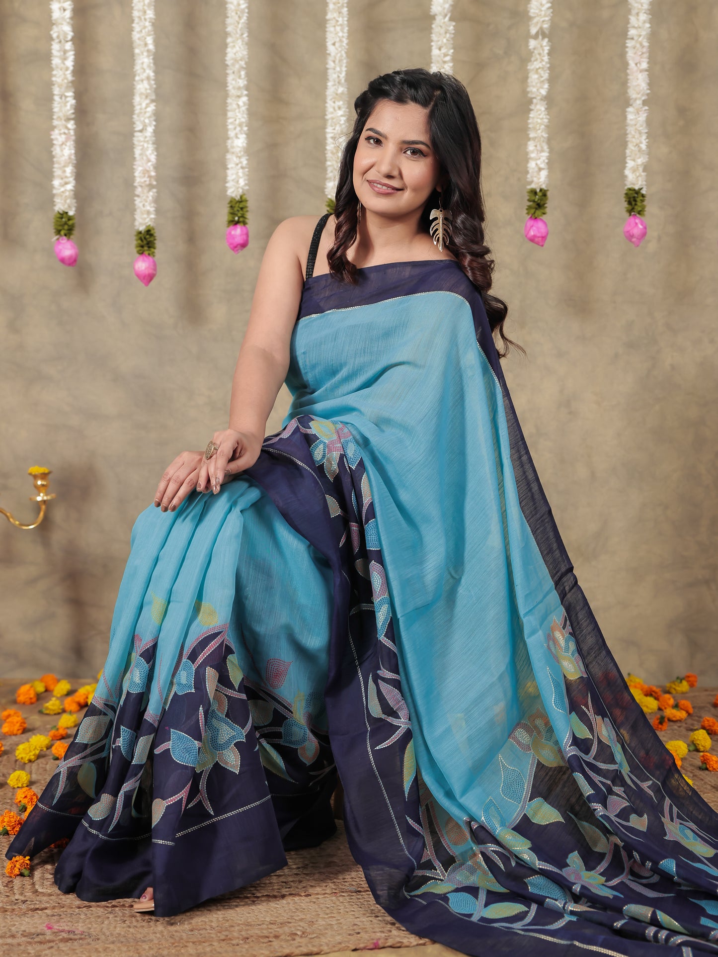 Cotton Silk Gold foil Turquoise Saree