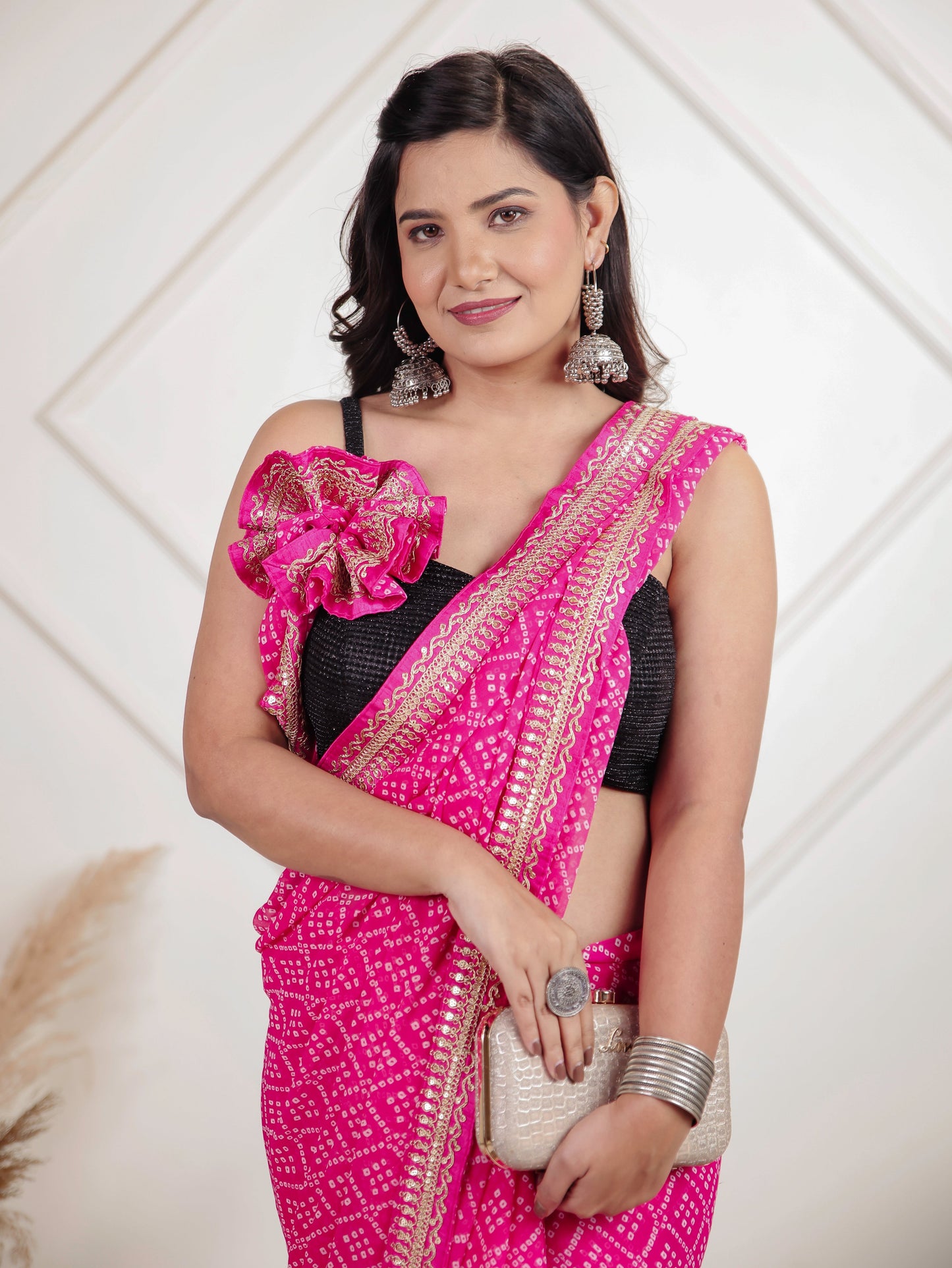 Chiffon Bandhani Pink Saree