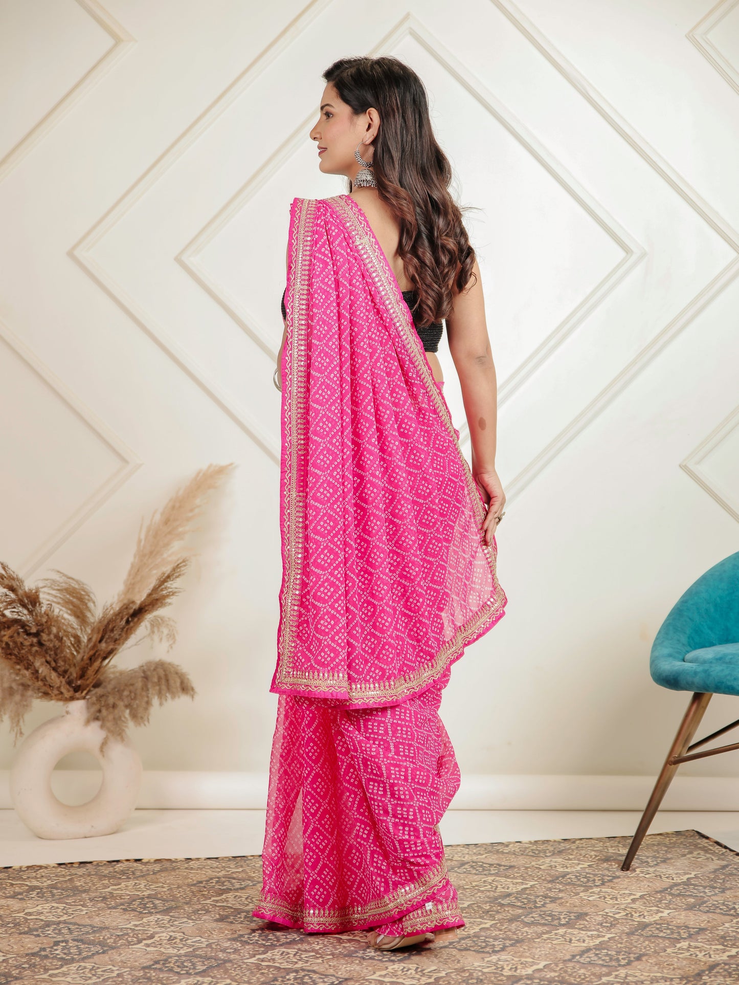 Chiffon Bandhani Pink Saree