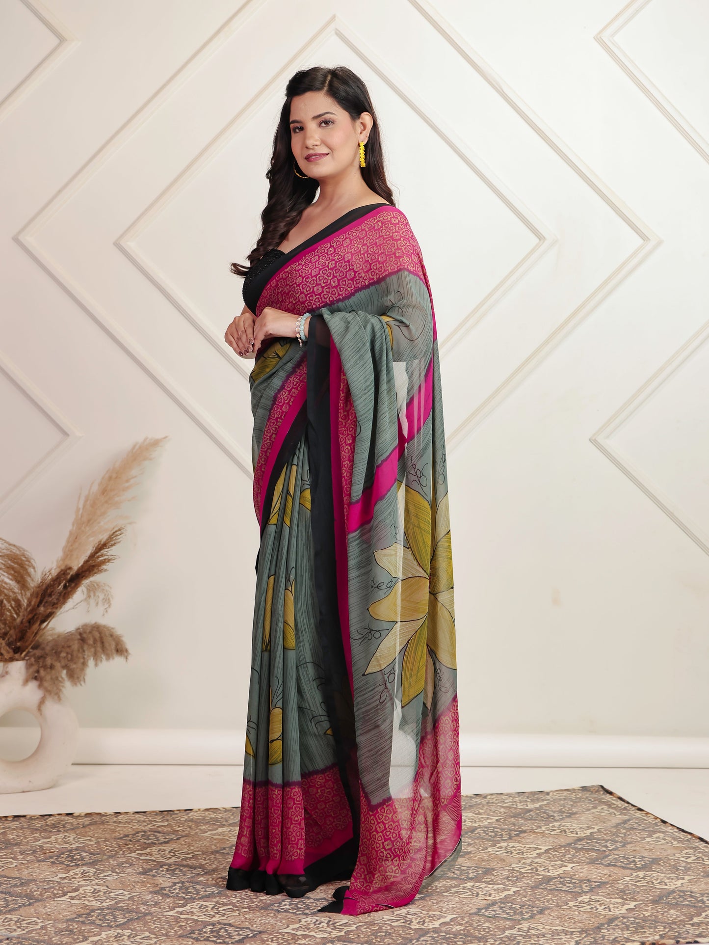 Chiffon Floral Grey Saree