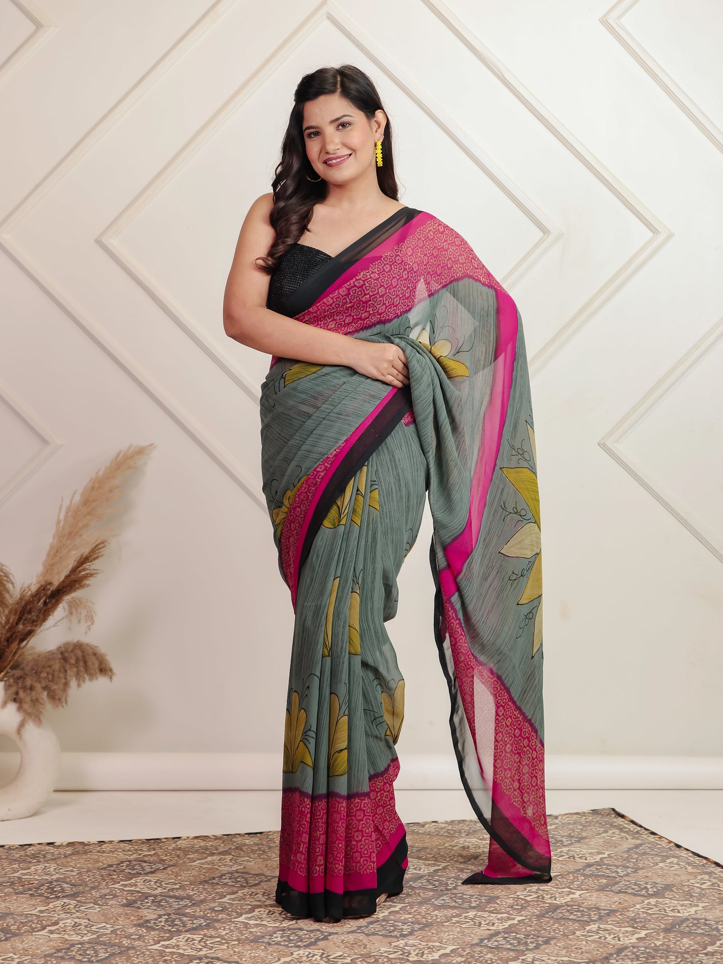 Chiffon Floral Grey Saree
