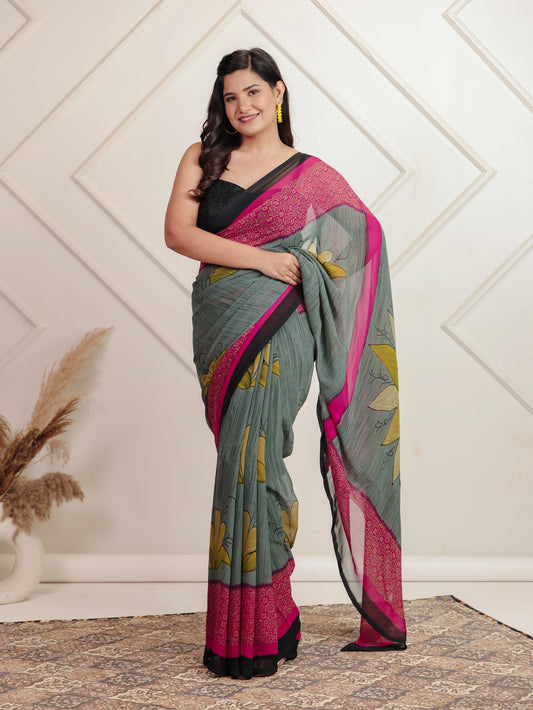 Chiffon Floral Grey Saree